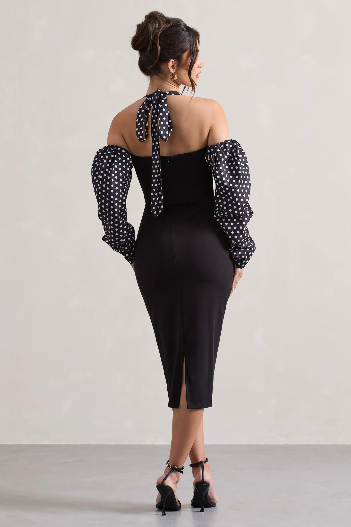 Couture Client | Black & White Polka Dot Halter-Neck Puff Sleeve Midi Dress