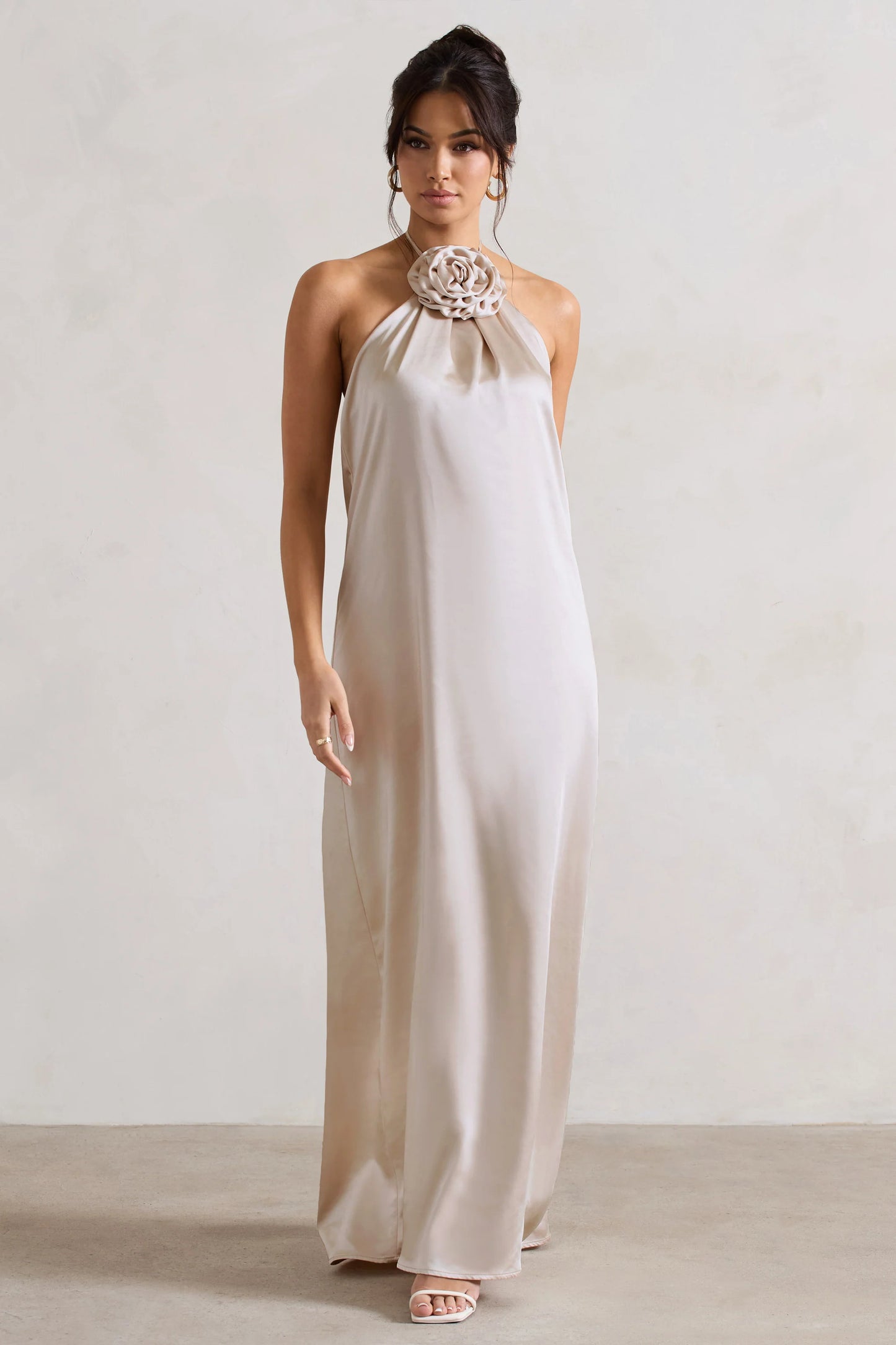 Everleigh | Cream Satin Relaxed Fit Maxi Column Dress With Corsage