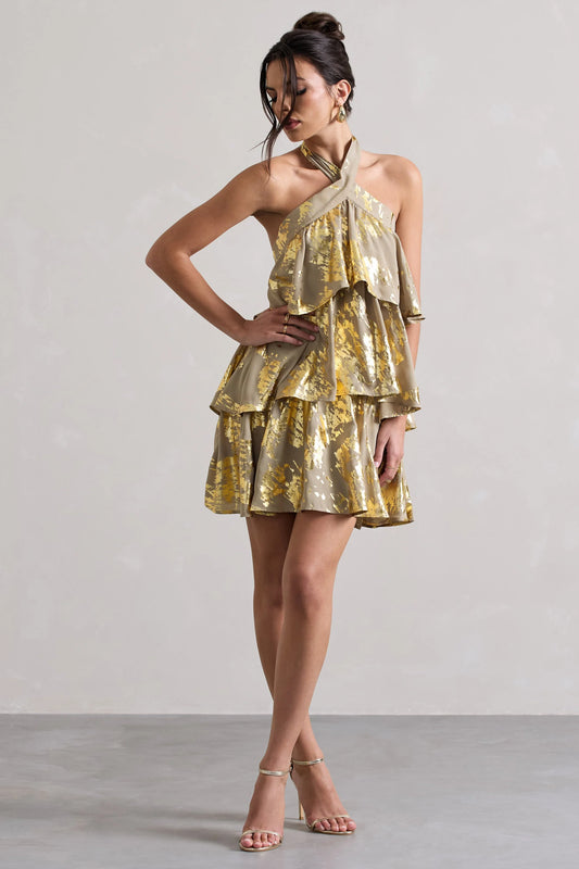 Alecia | Metallic Gold Halter-Neck Ruffle Mini Dress