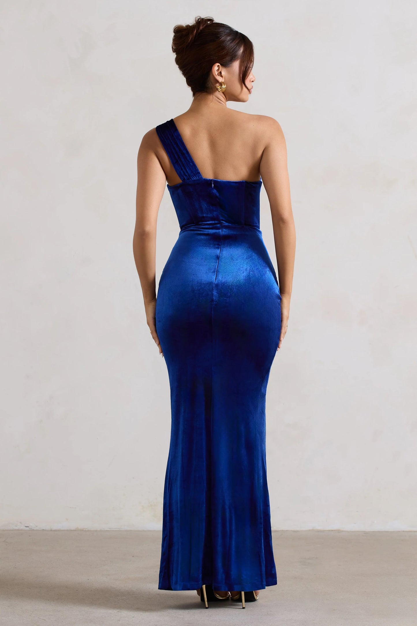 Jessica | Cobalt Velvet One Shoulder Corset Style Wrap Maxi Dress