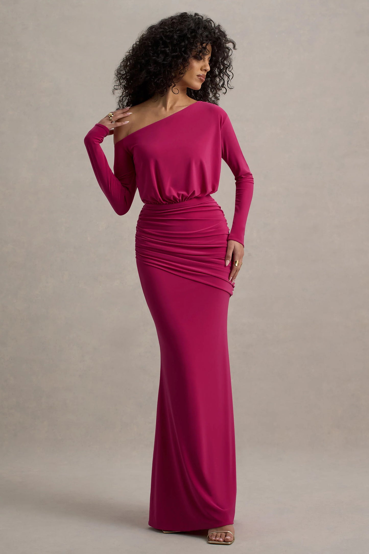 Deanna | Hot Pink Asymmetric Long-Sleeve Ruched Maxi Dress