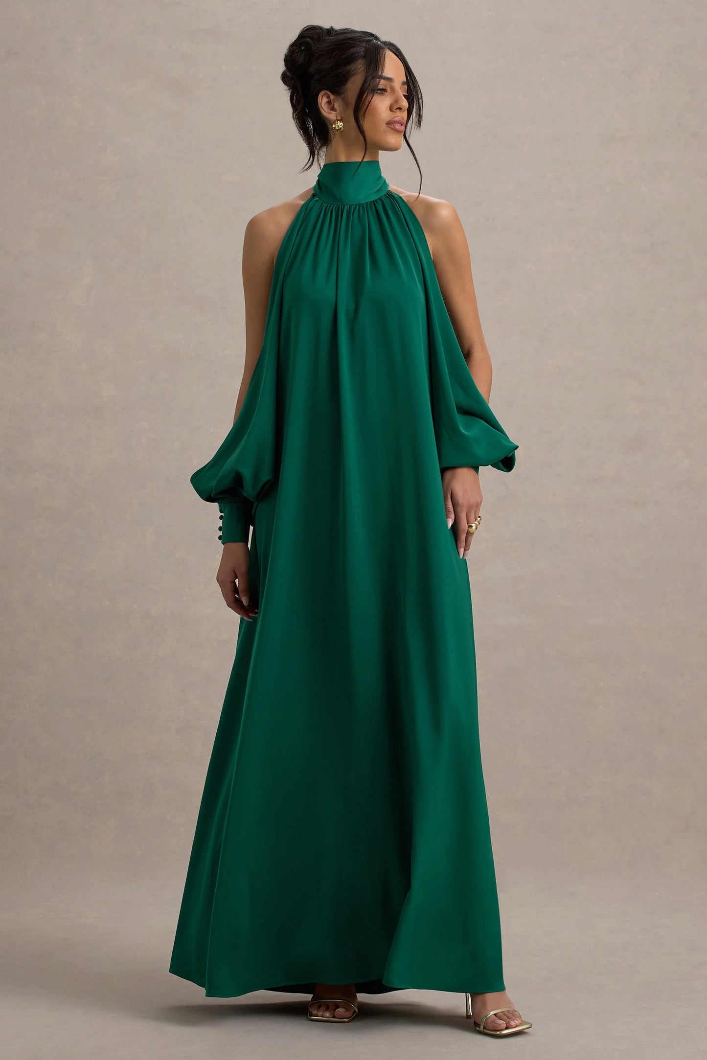 Baila | Bottle Green Satin High-Neck Cape-Sleeve Maxi Dress