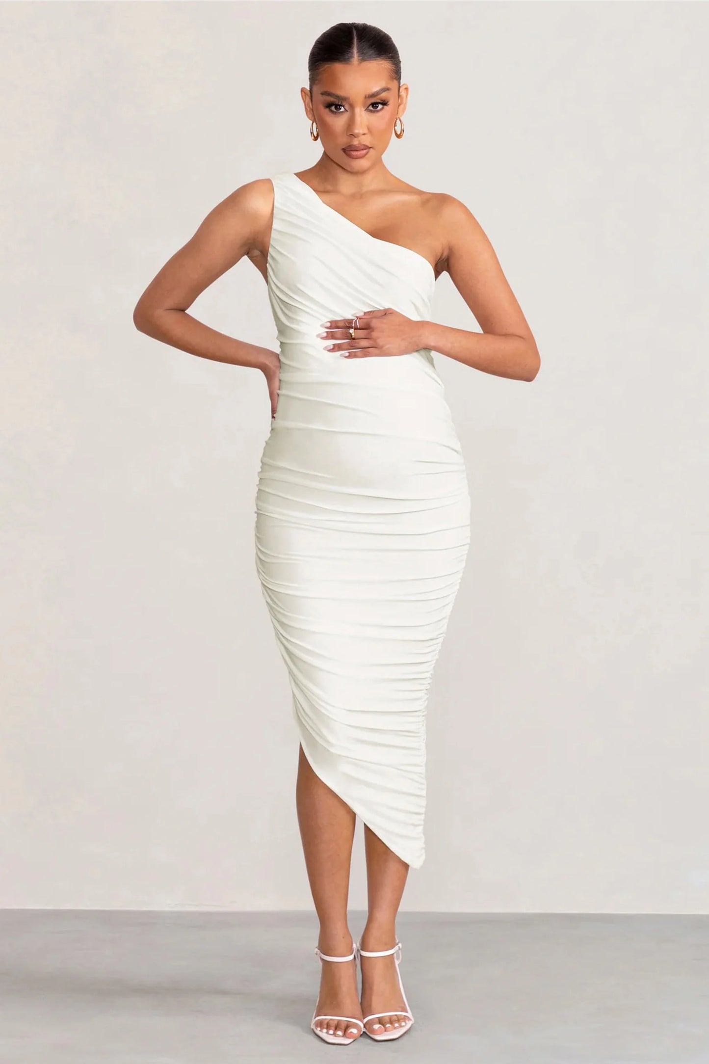 Late Night | White Maternity Ruched One Shoulder Midi Dress