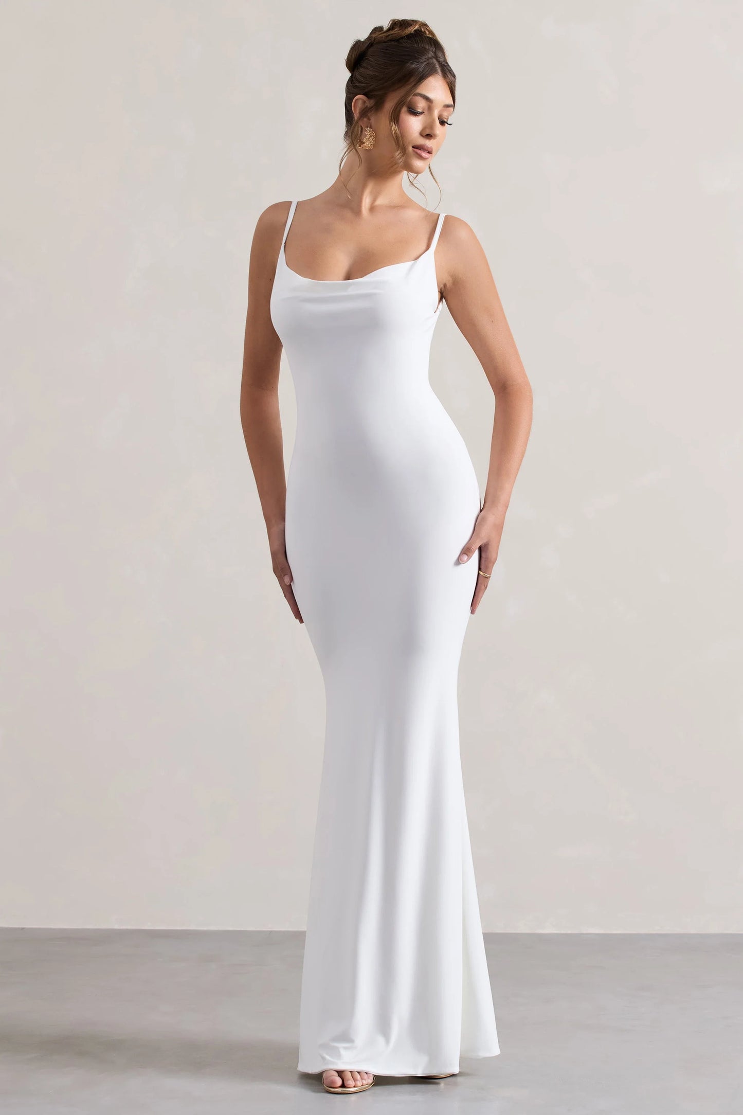 Francoise | White Cowl Neck Backless Maxi Dress With Lace Insert