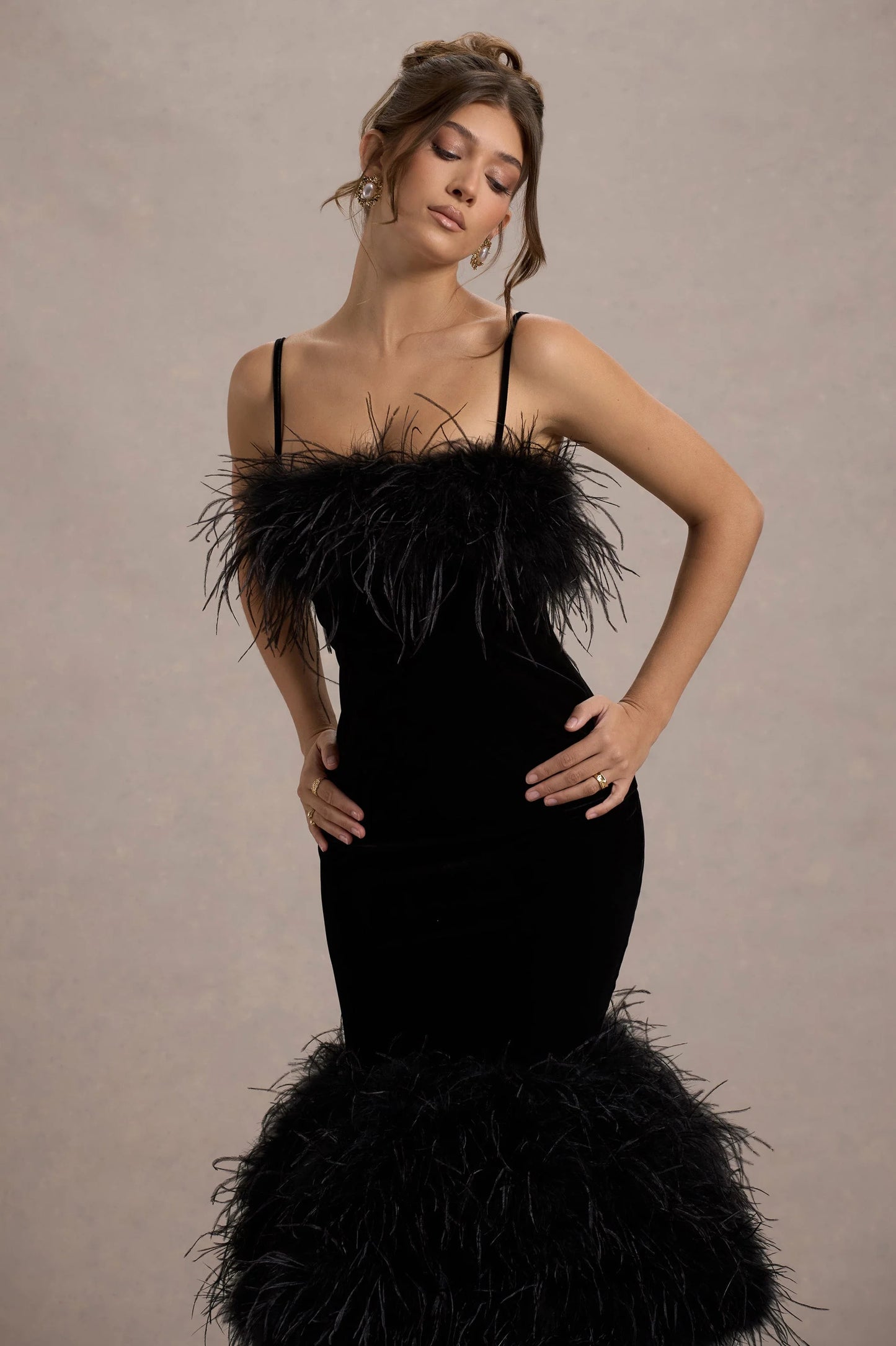 Kalena | Black Velvet Feather Trim Midi Dress