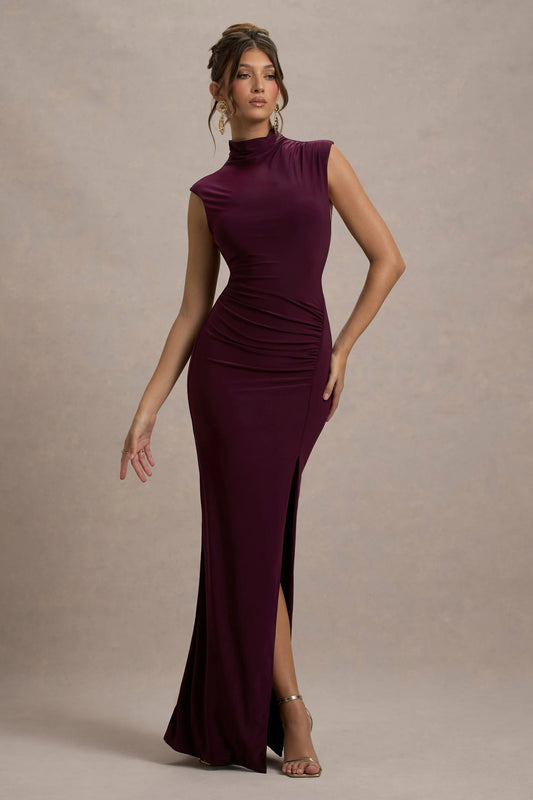 Lanetta | Plum Ruched High-Neck Maxi Dress With Split