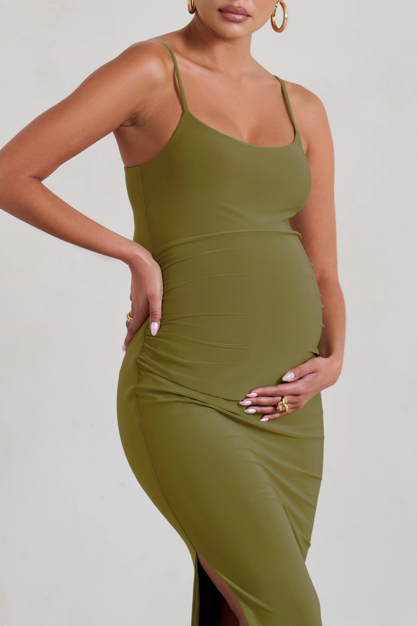 Aurelia | Olive Green Maternity Cami Maxi Dress With Split