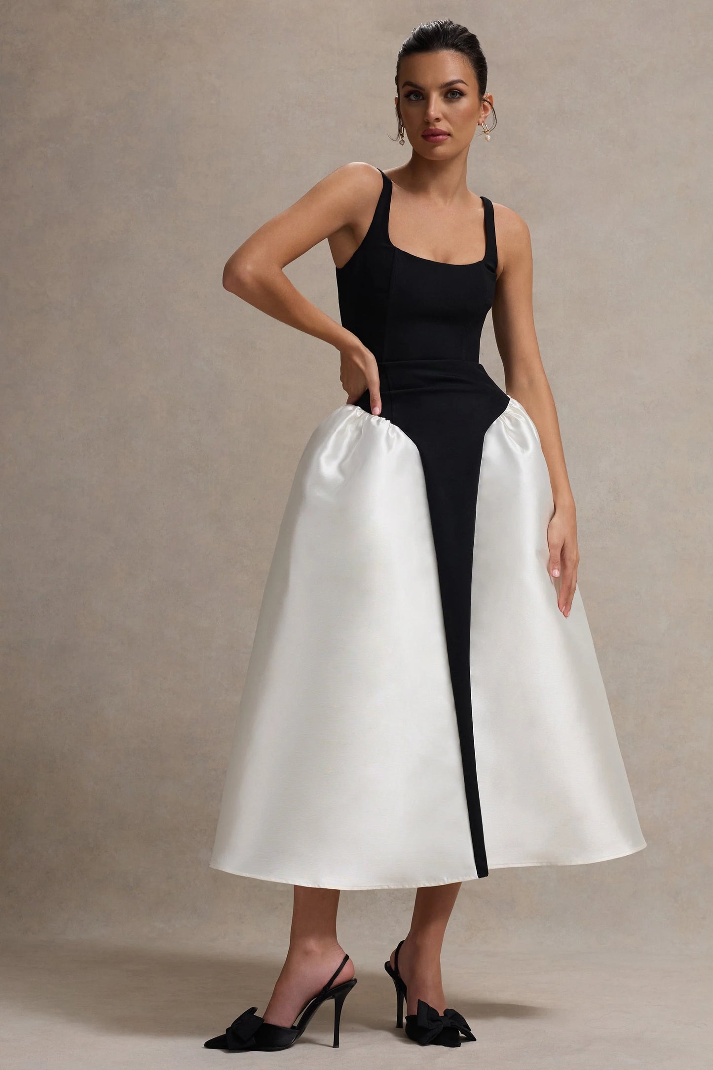 Christie | Black and Cream Scoop-Neck Midi Dress With Volume Skirt