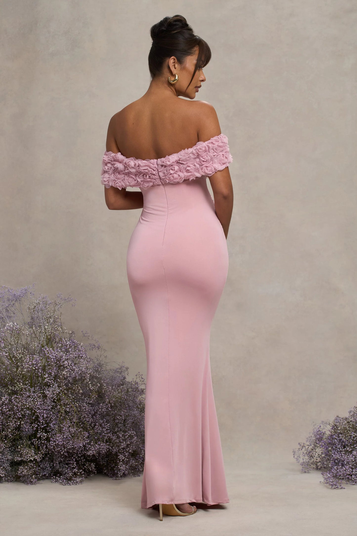 Inflorescence | Blush Pink Mesh Floral Bardot Maternity Maxi Dress