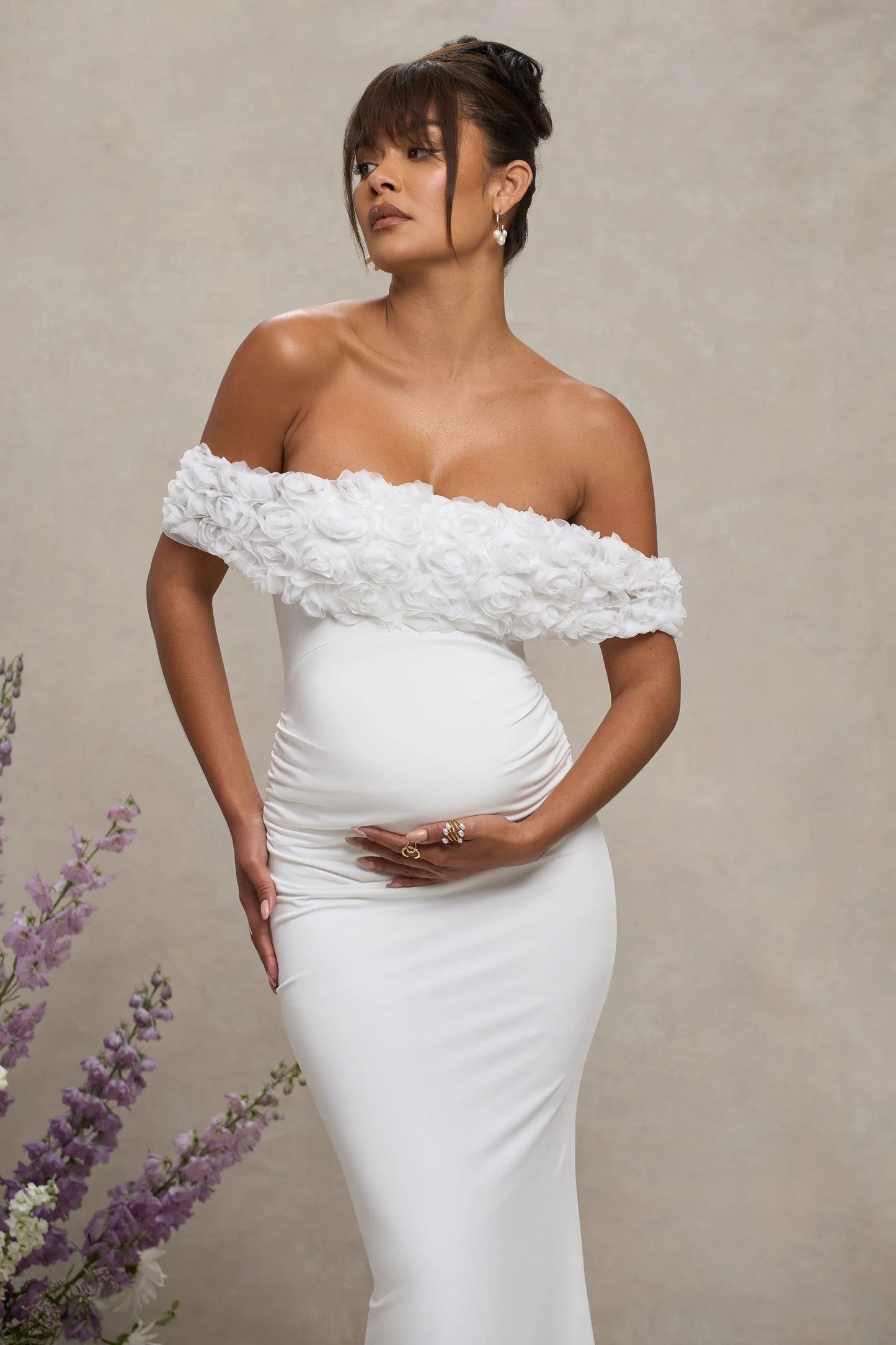 Inflorescence | White Mesh Floral Bardot Maternity Maxi Dress