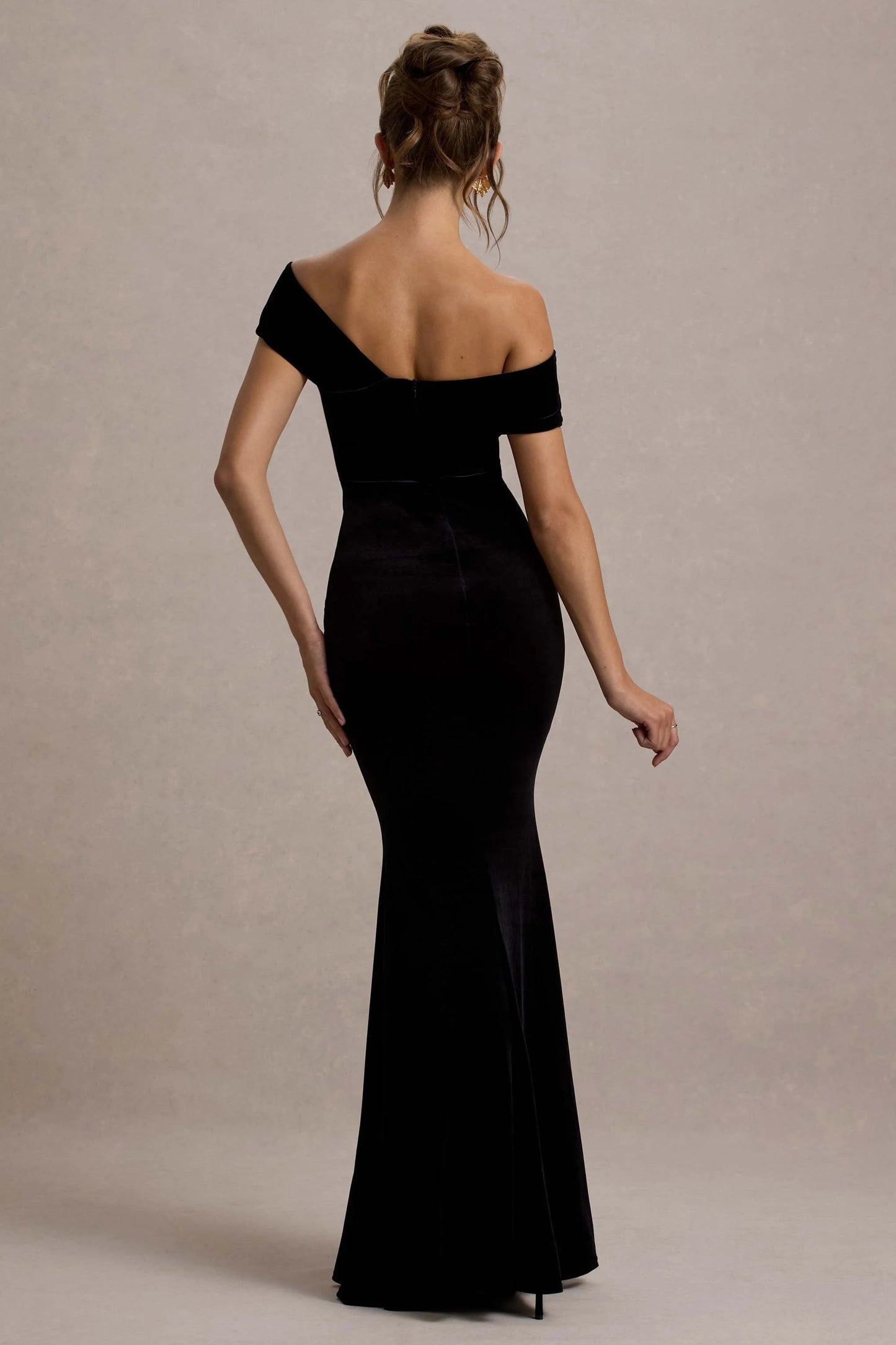 Candela | Black Velvet Asymmetric Bardot Maxi Dress