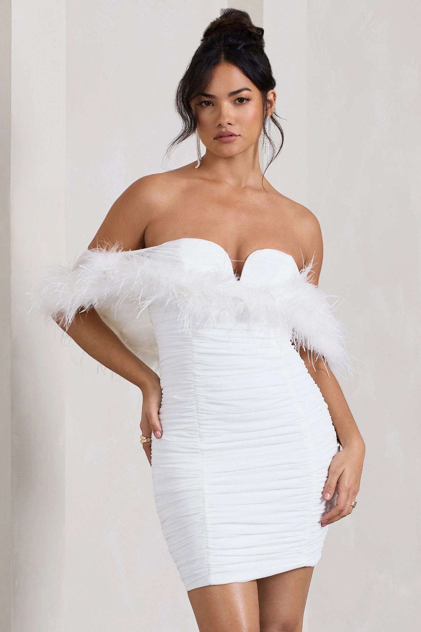 Confetti | White Sweetheart Mini Dress With Chiffon Feather Sleeves