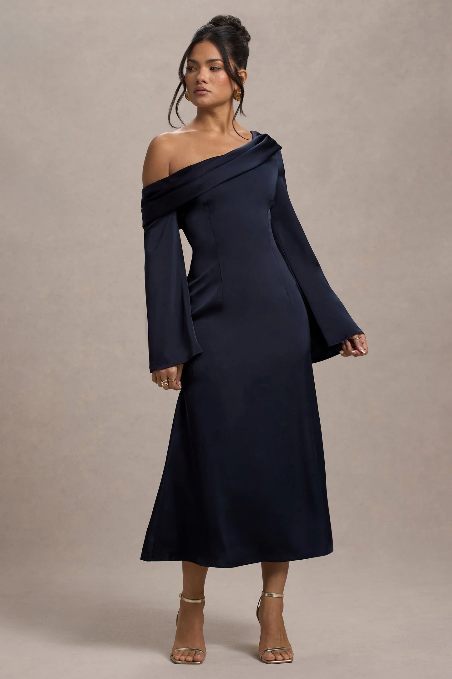 Astral | Navy Satin Asymmetric Flared-Sleeve Midi Dress