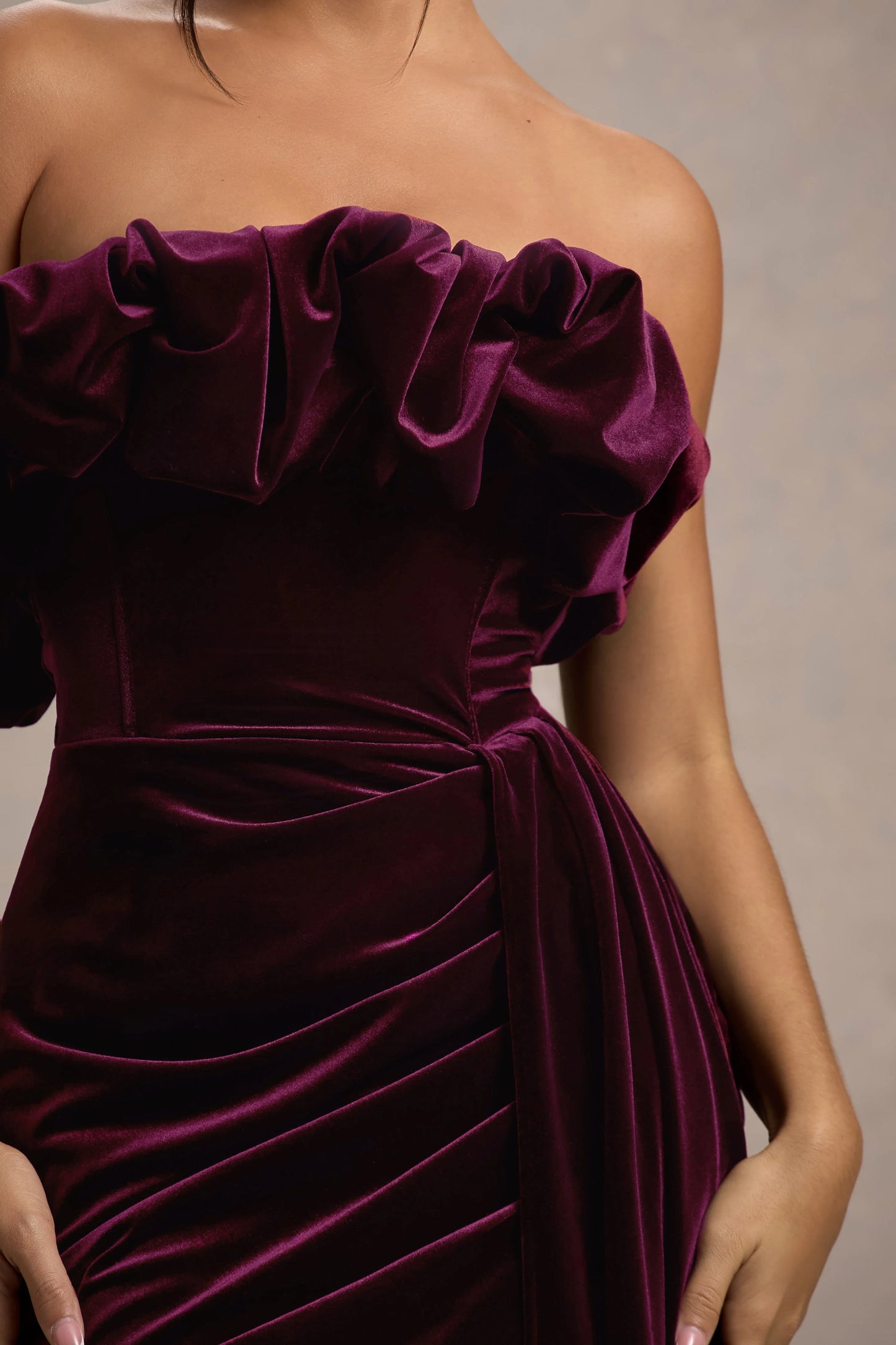 Ceronne | Plum Velvet Bandeau Mini Dress With Drape