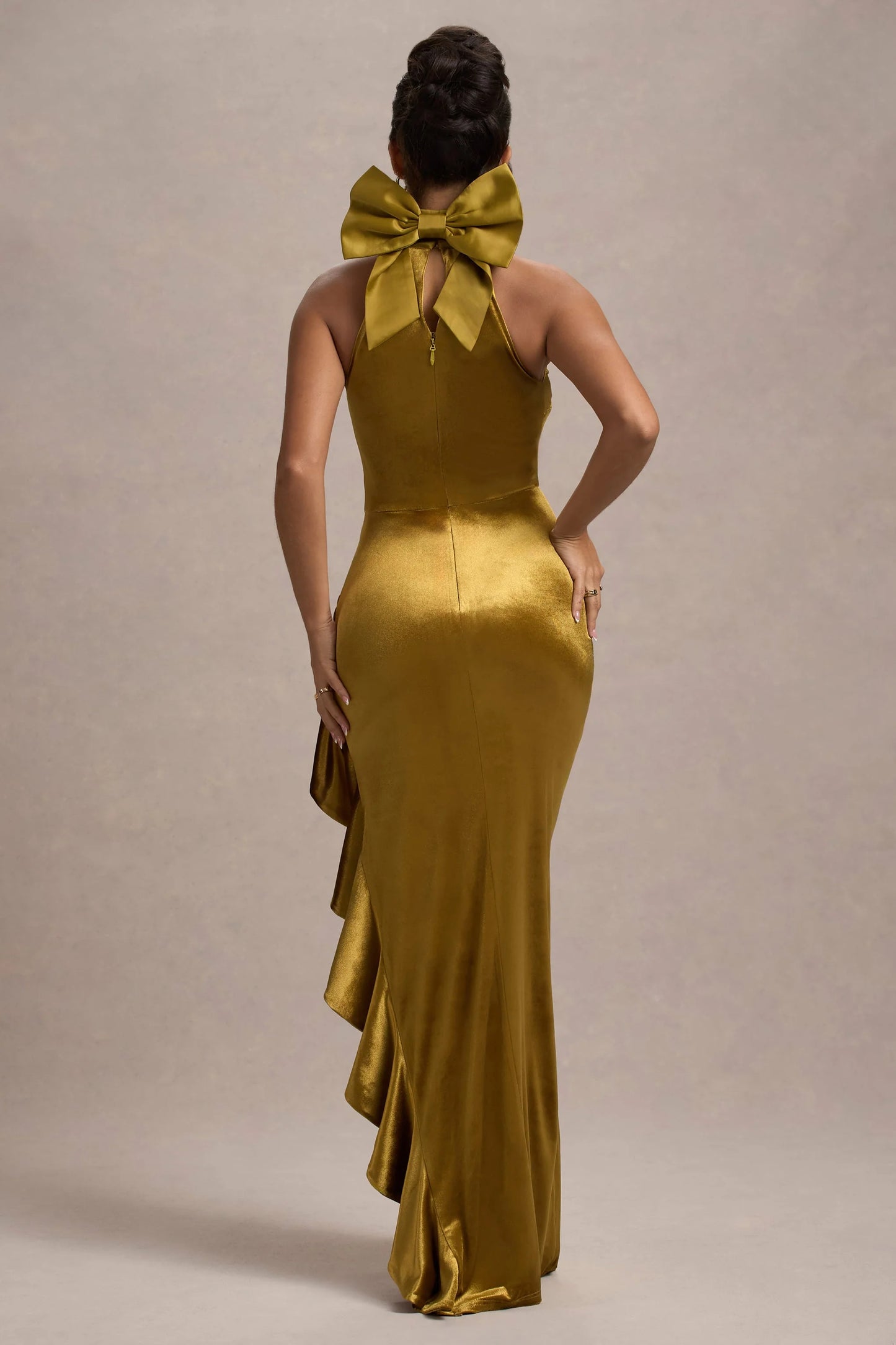 Janiya | Mustard Velvet High-Neck Ruffled Split Maxi Dress