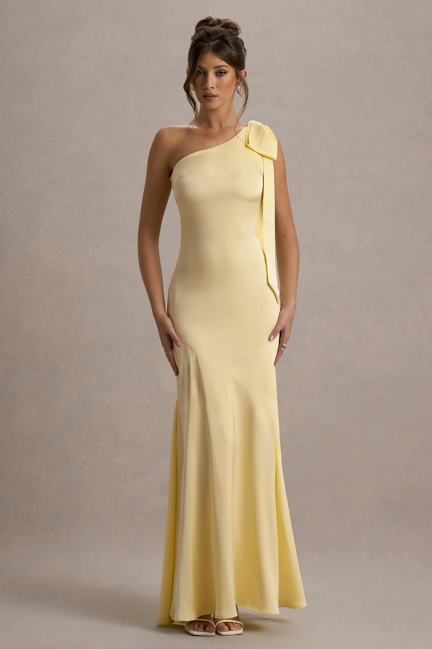 Here For Love | Lemon Satin Asymmetric Maxi Dress With Bow