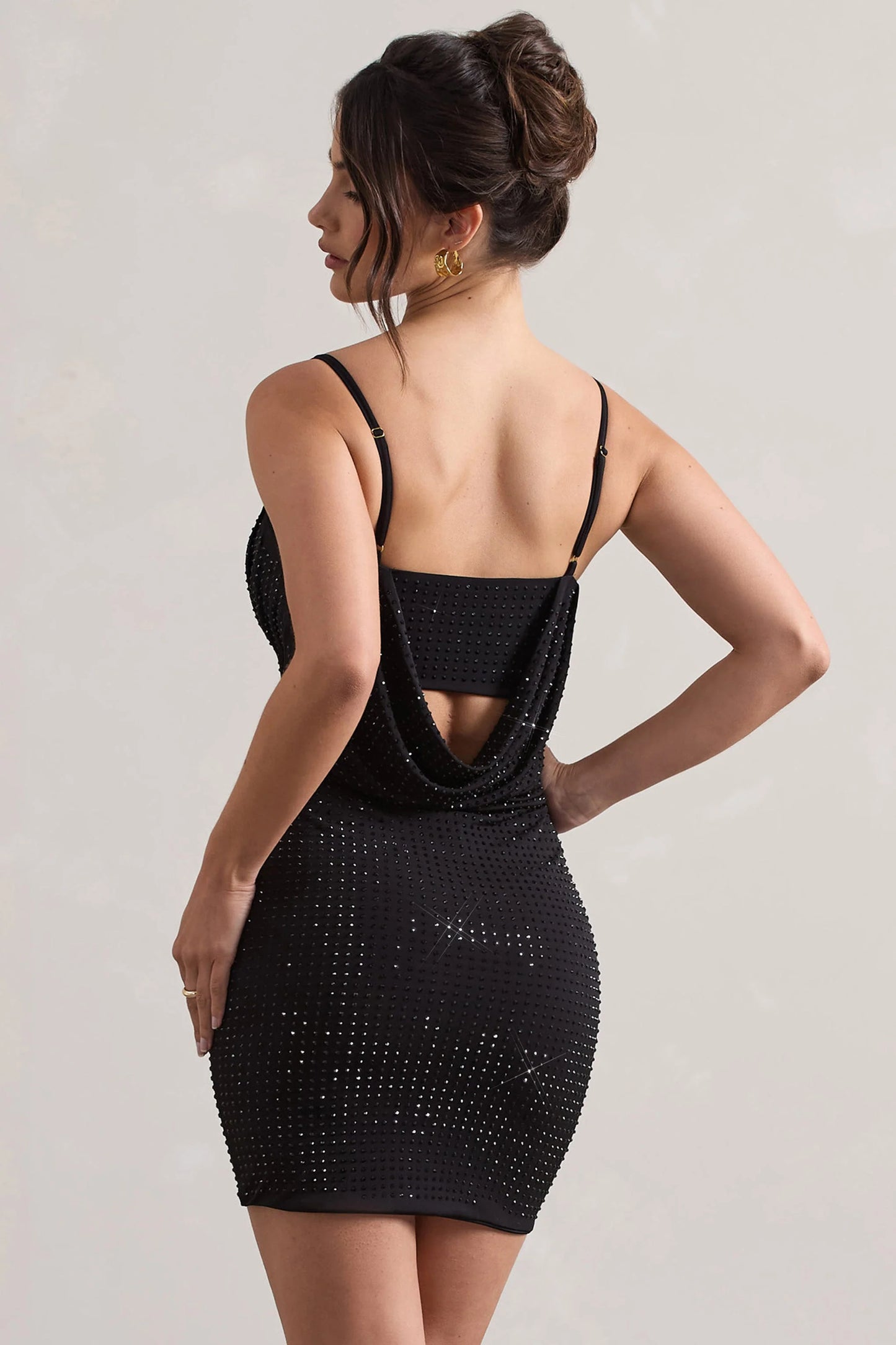 Last Dance | Black Embellished Strappy Cowl-Neck Mini Dress