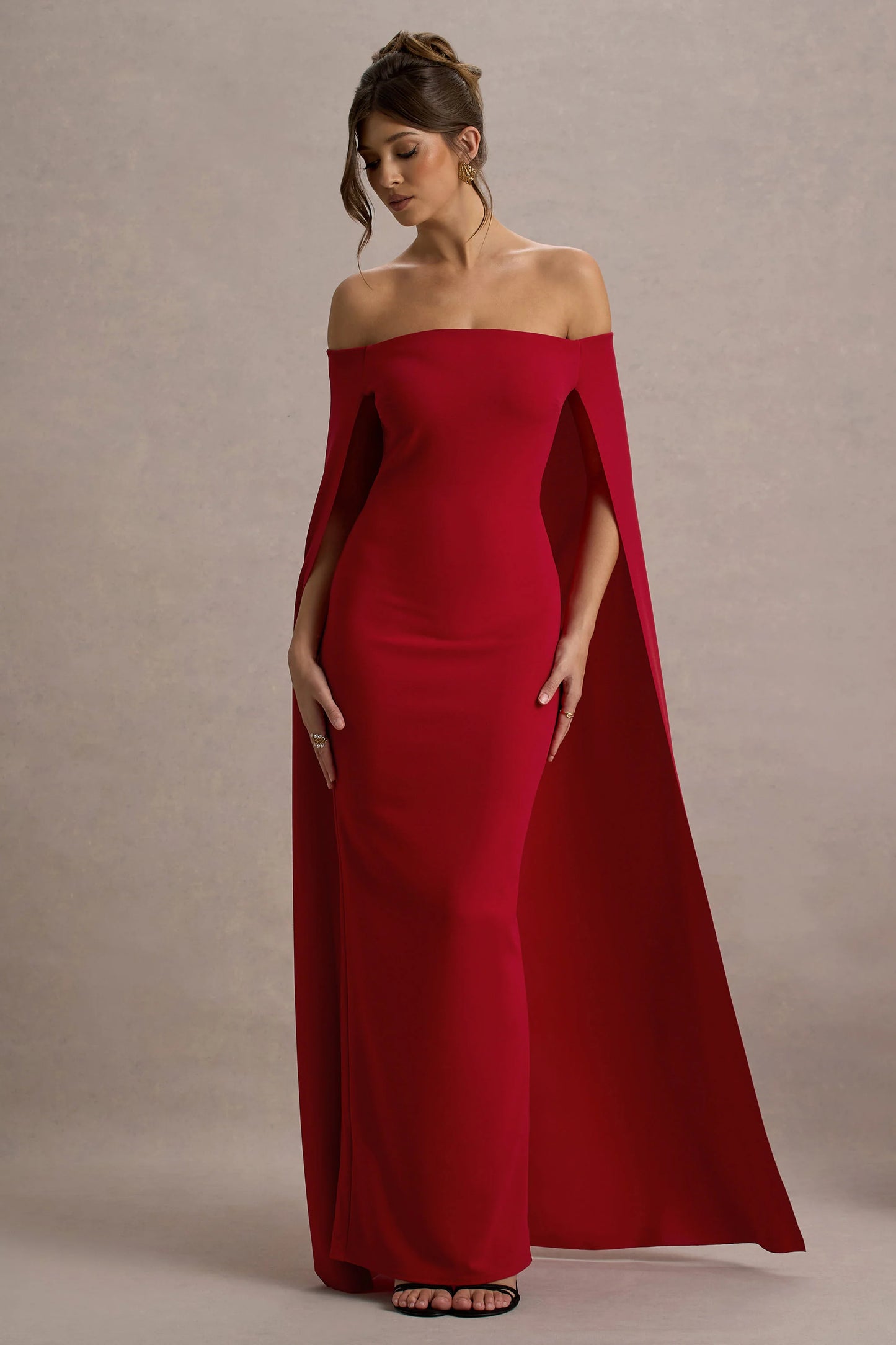 Genovia | Red Bardot Cape Maxi Dress