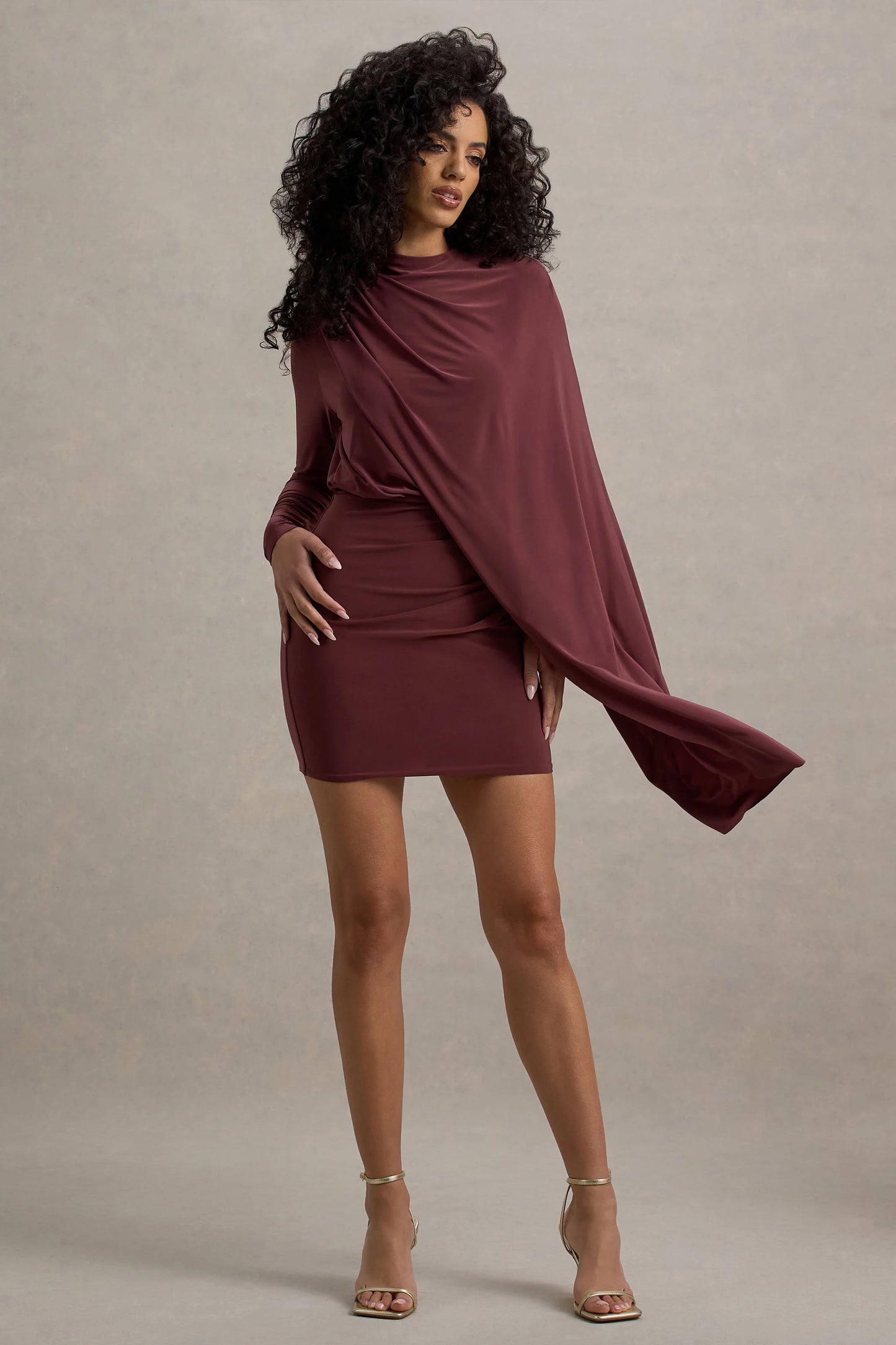 Celeste | Burgundy Long-Sleeve Mini Dress With Cape Sleeve