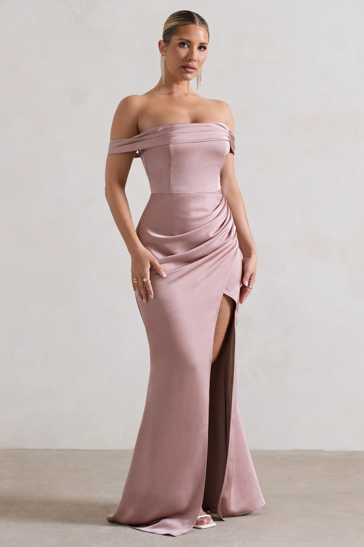 Katia | Blush Pink Satin Bardot  Maxi Dress