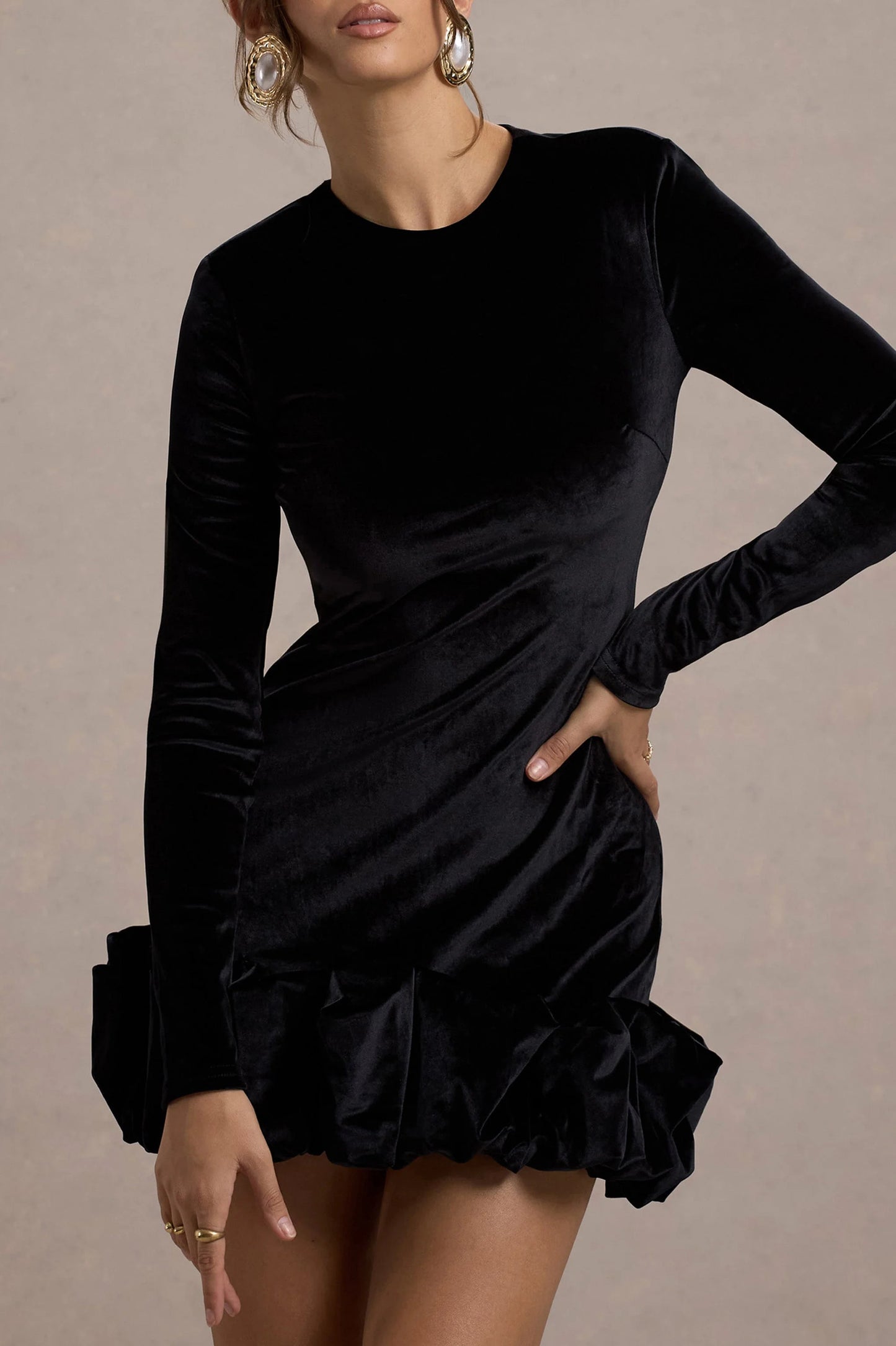 Claudine | Black Velvet Long-Sleeved Ruffled Mini Dress