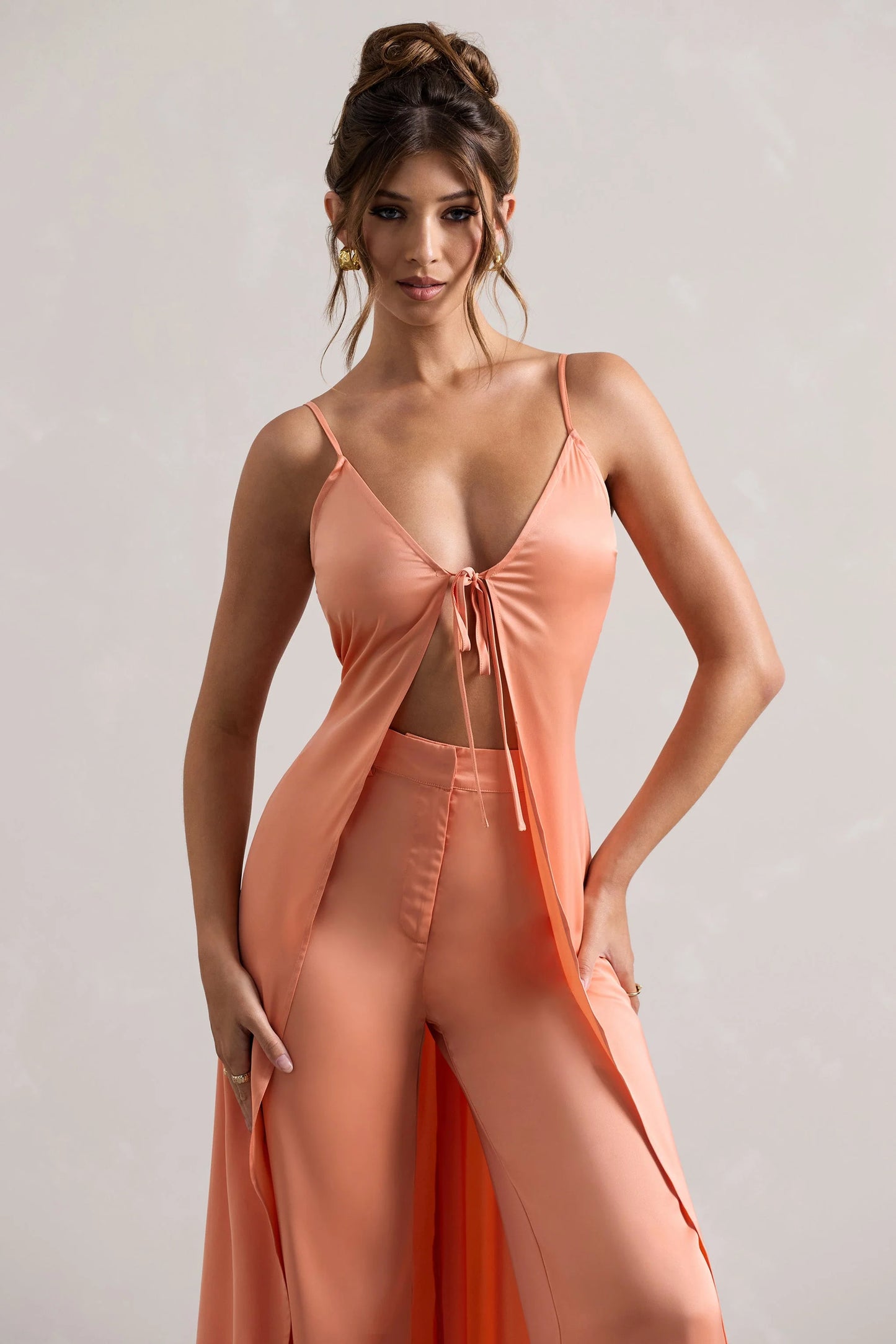 Calvi | Peach Satin Longline Cami Top With Split Front