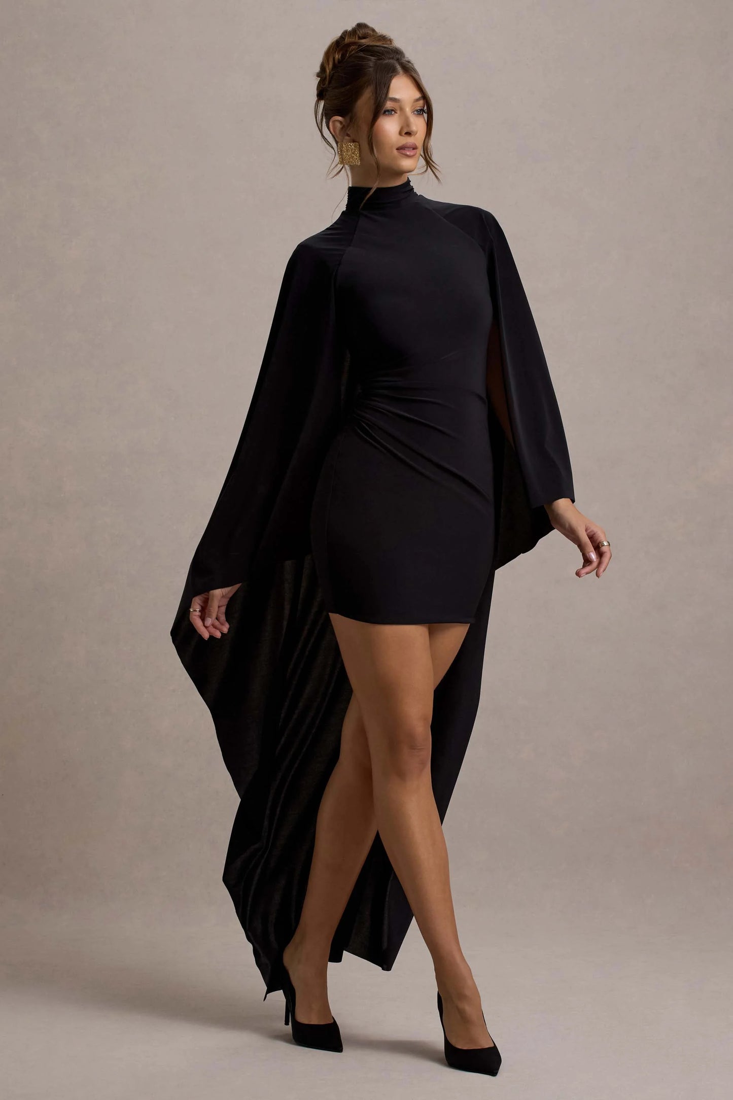 Damia | Black High-Neck Mini Dress With Asymmetric Cape