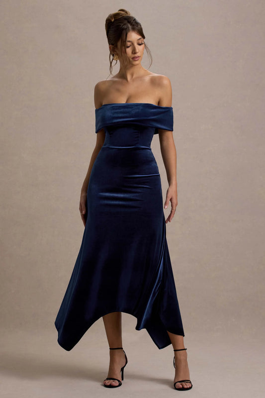 Halia | Navy Velvet Bardot Midi Dress