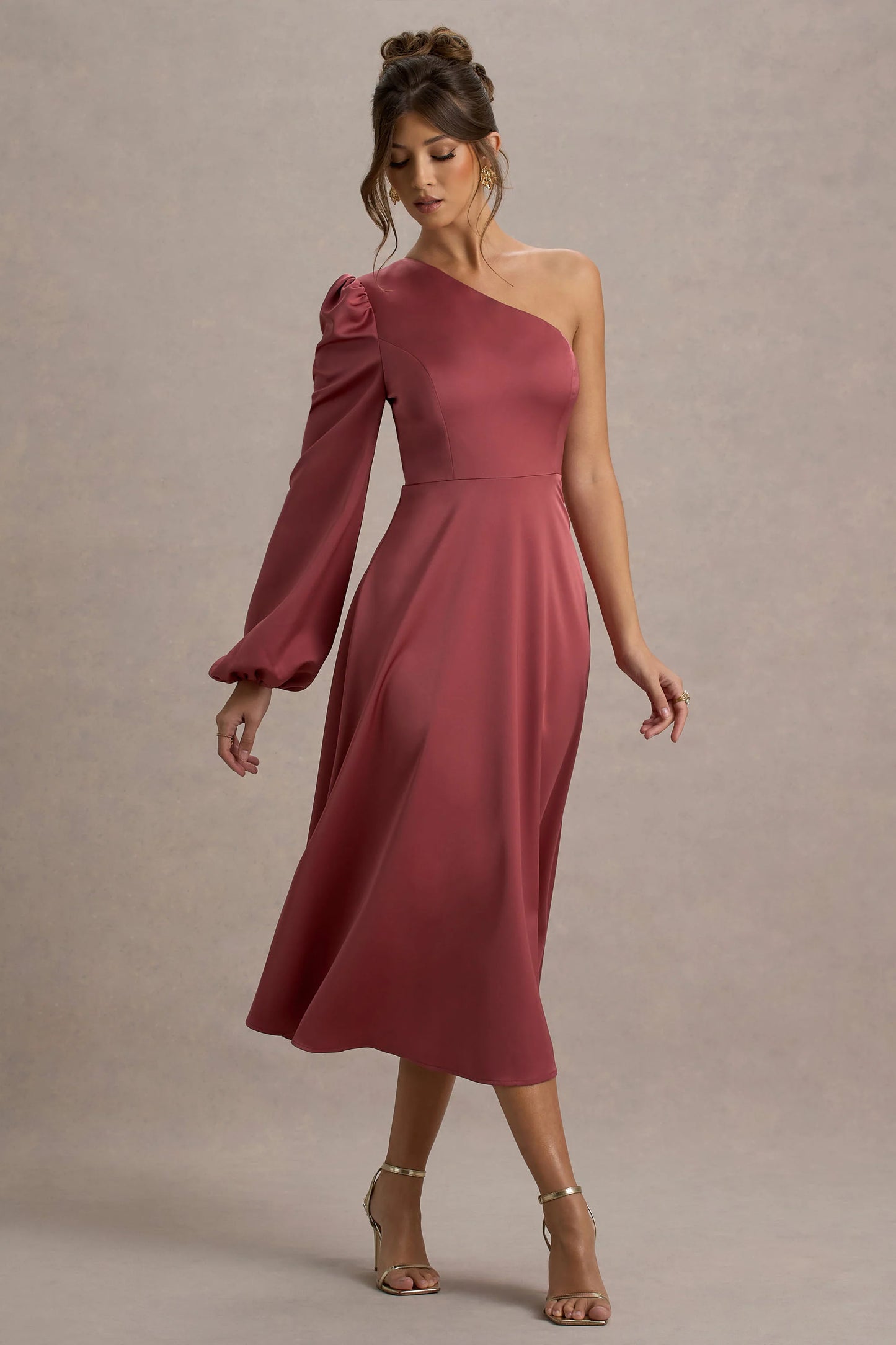 Haila | Rose Pink Satin One-Shoulder Maxi Dress