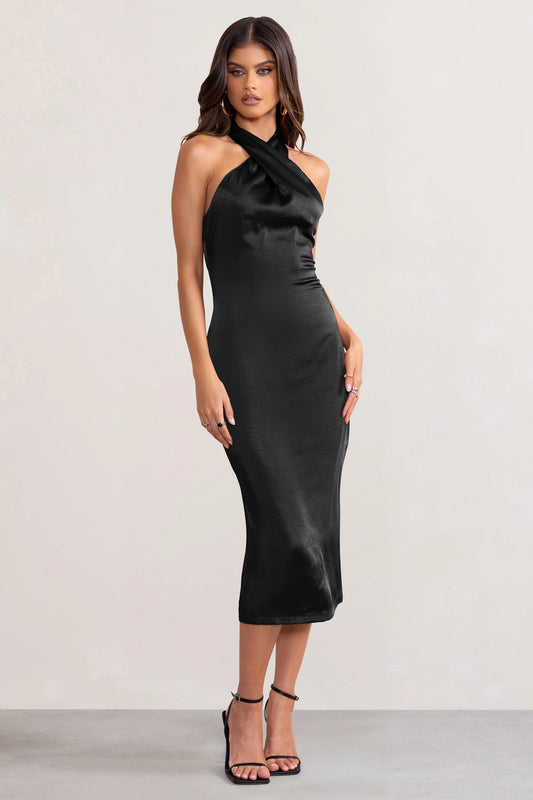 Dazzling | Black Satin Cross Over Halter Neck Midi Dress