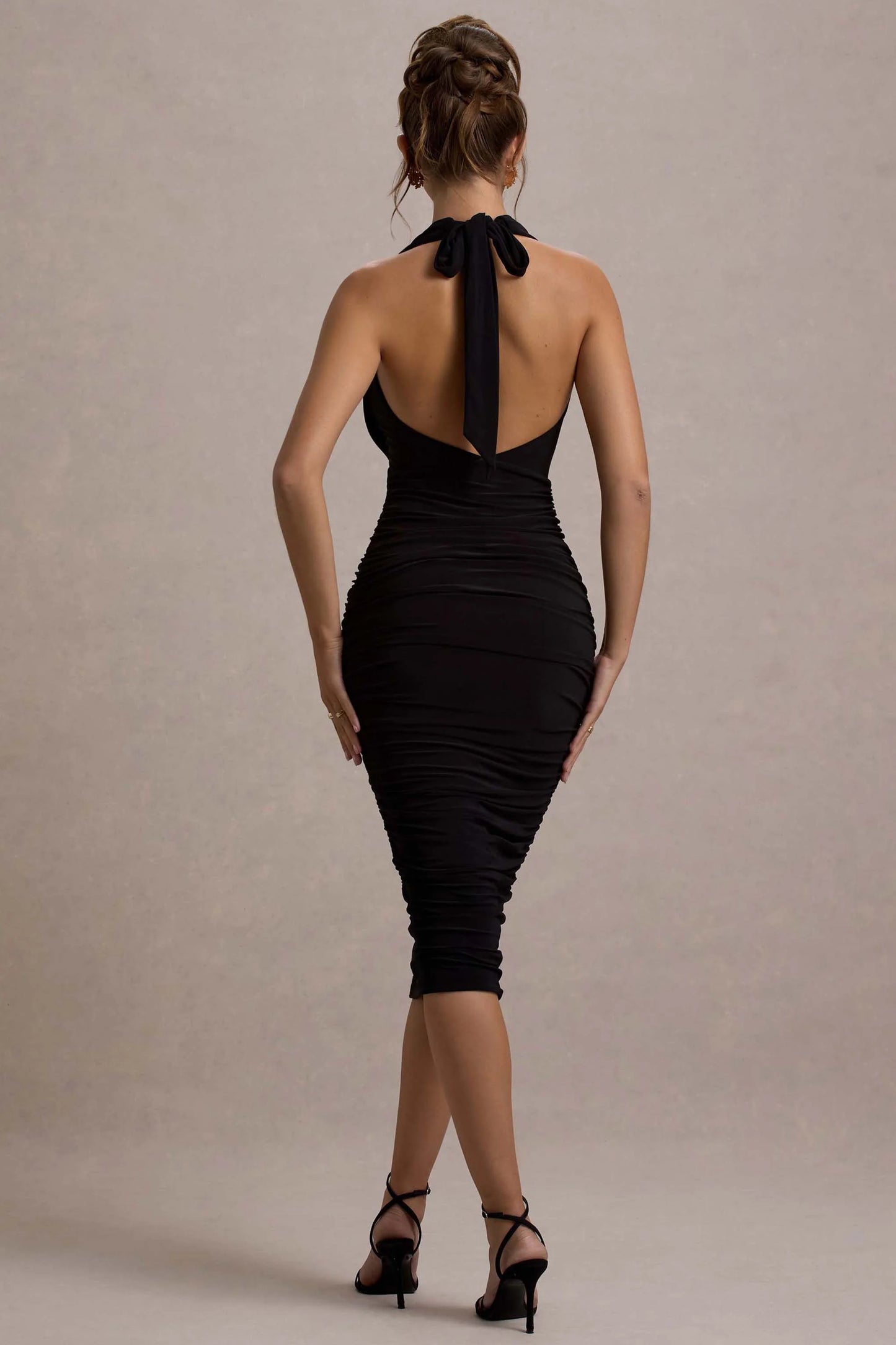 Coda | Black Ruched Plunge-Neck Midi Dress