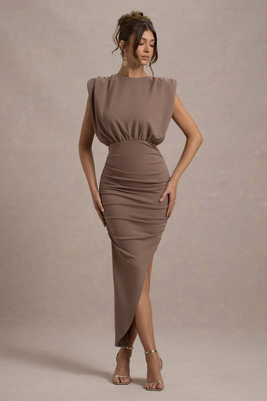 Jennifer | Mocha Sleeveless Maxi Dress With Asymmetric Hem