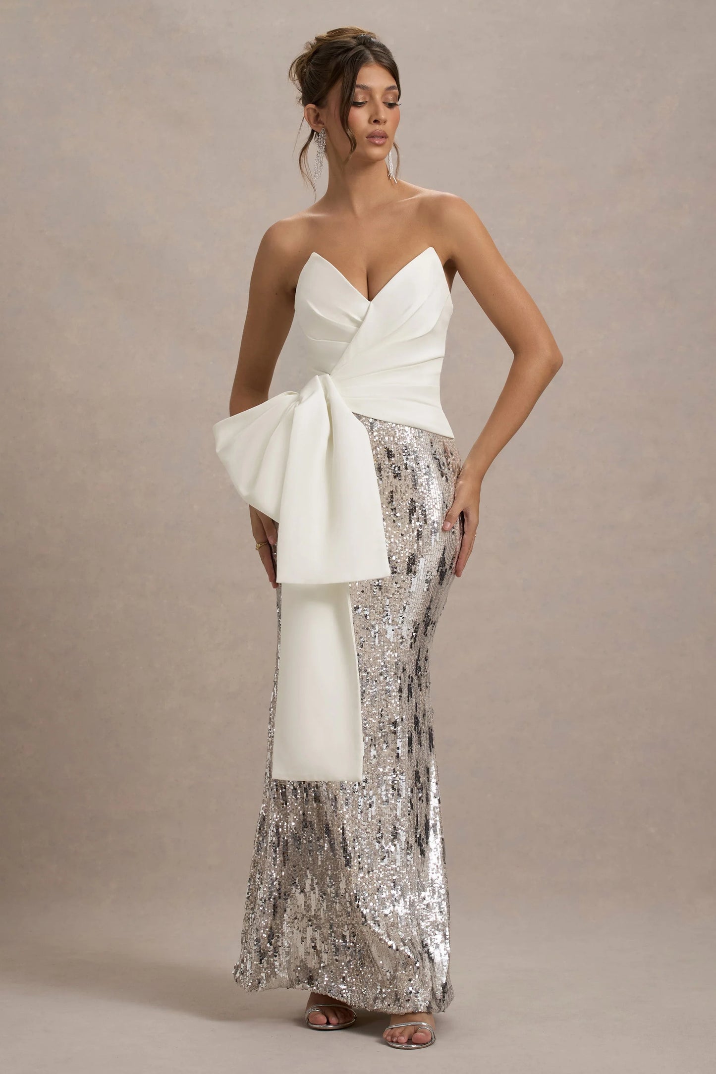 Ceres | Ecru Strapless Draped Maxi Dress With Sequin Skirt