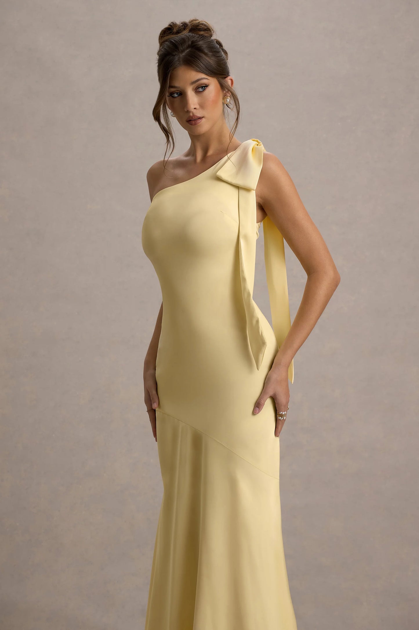 Here For Love | Lemon Satin Asymmetric Maxi Dress With Bow