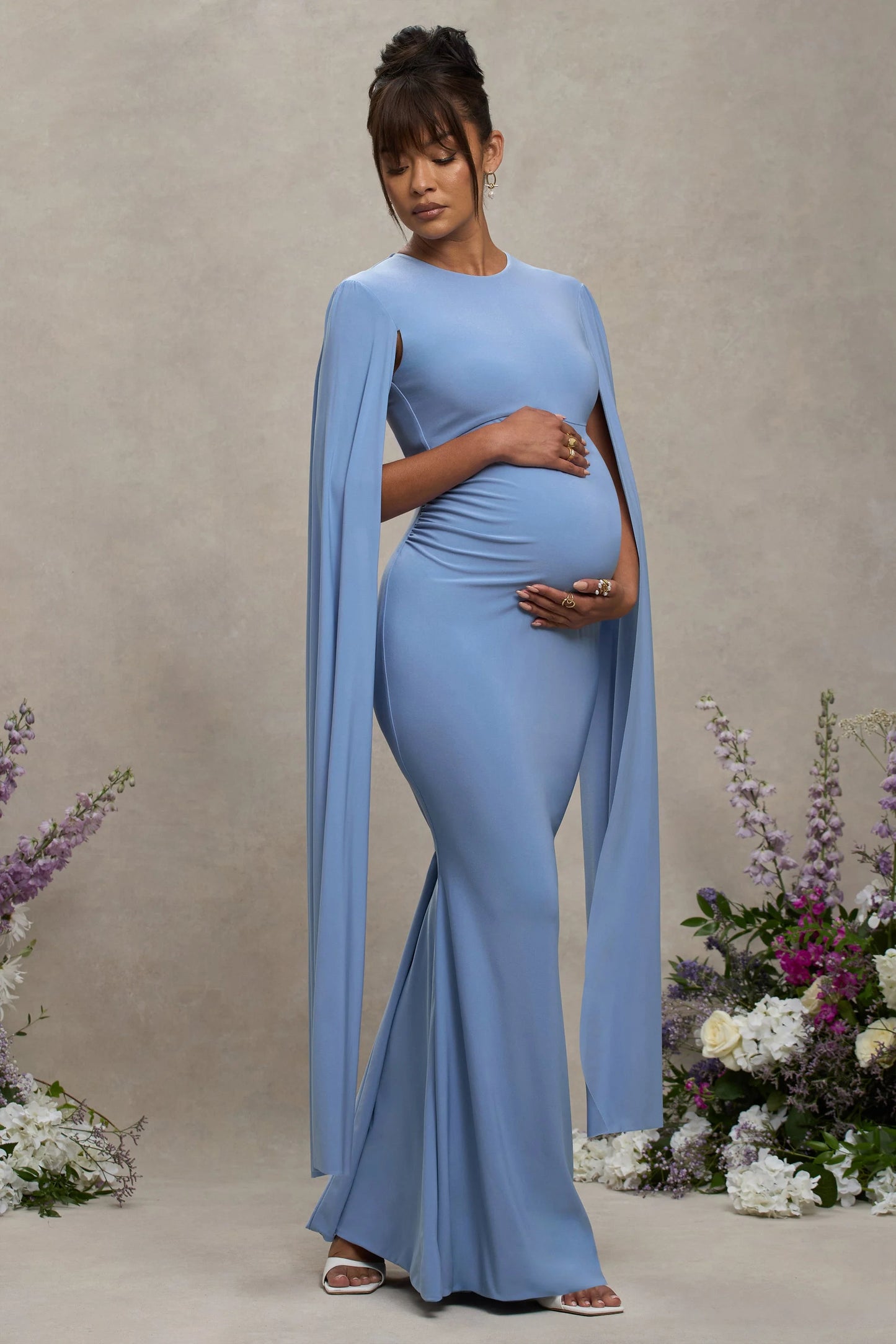 Divine Timing | Powder Blue Maternity Maxi Dress With Cape Sleeves