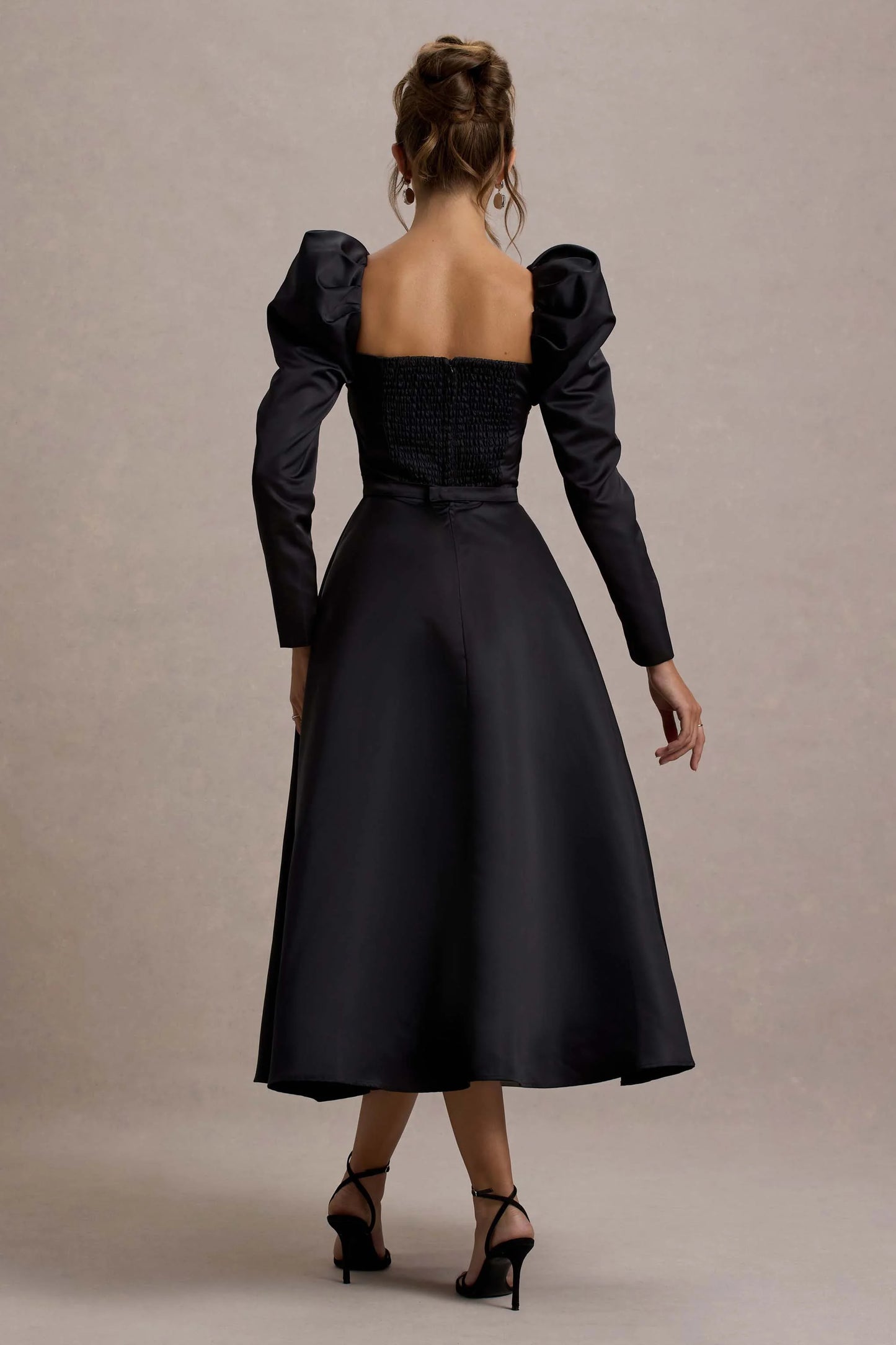 Kansas | Black Square-Neck Puff-Sleeve Belted Midi Dress