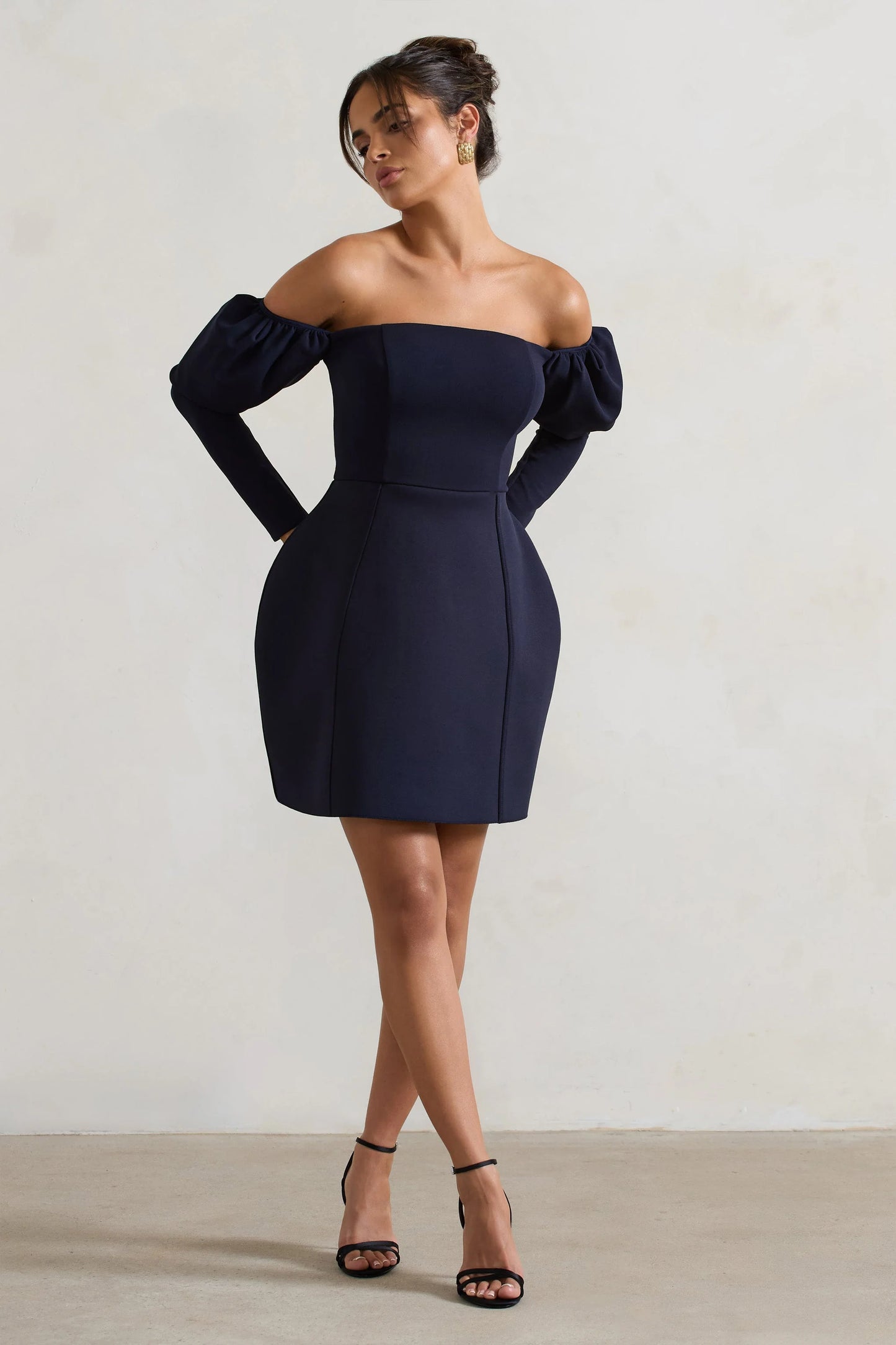 Evangeline | Navy Structured Bardot Puff-Sleeve Mini Dress