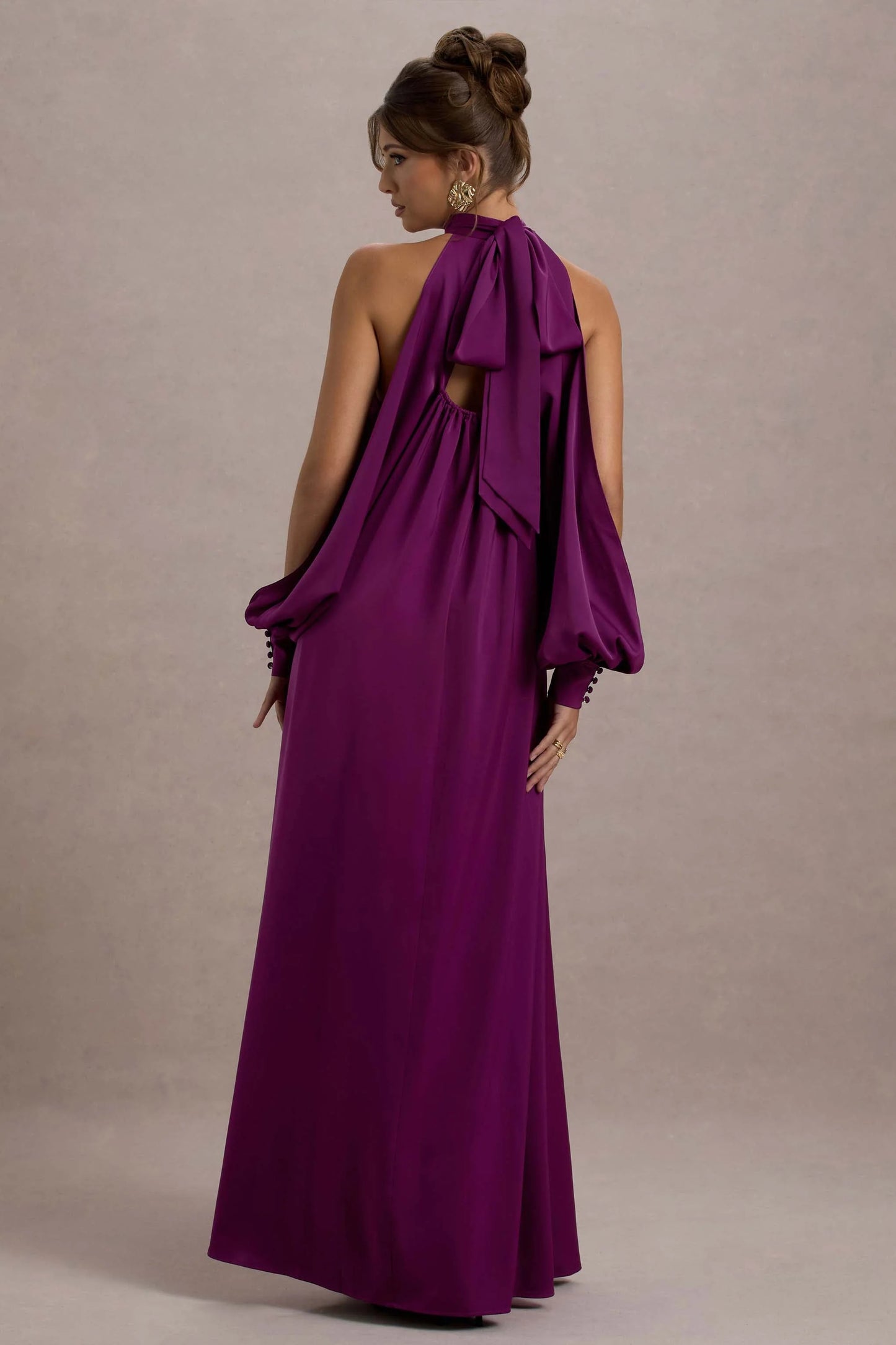 Baila | Mulberry Satin High-Neck Cape-Sleeve Maxi Dress