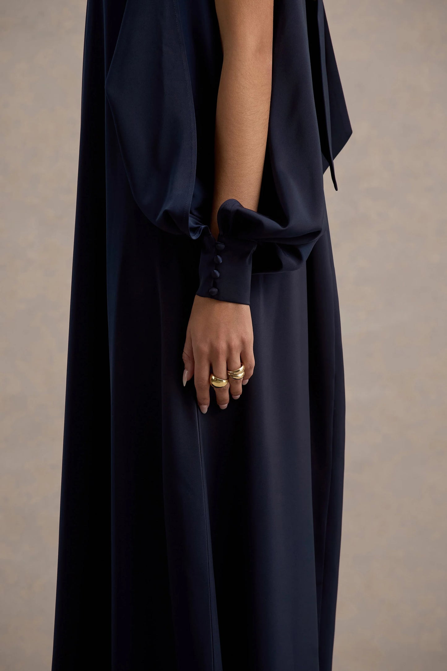 Baila | Navy Satin High-Neck Cape-Sleeve Maxi Dress