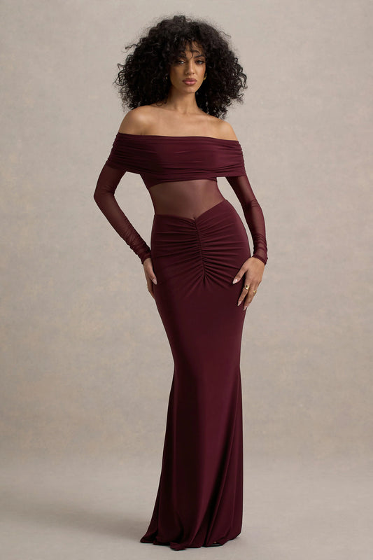 Ismeralda | Burgundy Mesh Ruched Bardot Maxi Dress