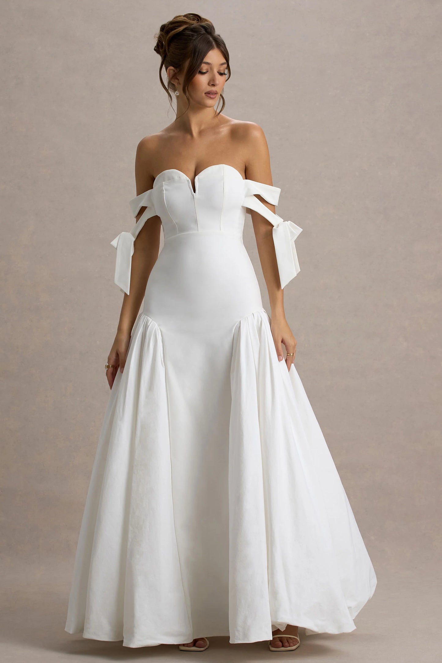 Ethel | White & Cream Bardot Maxi Dress With Volume Skirt