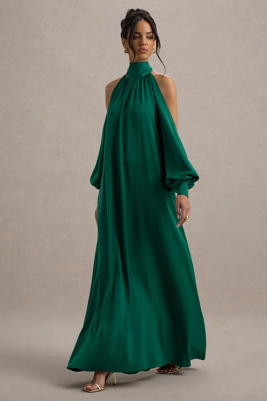 Baila | Bottle Green Satin High-Neck Cape-Sleeve Maxi Dress