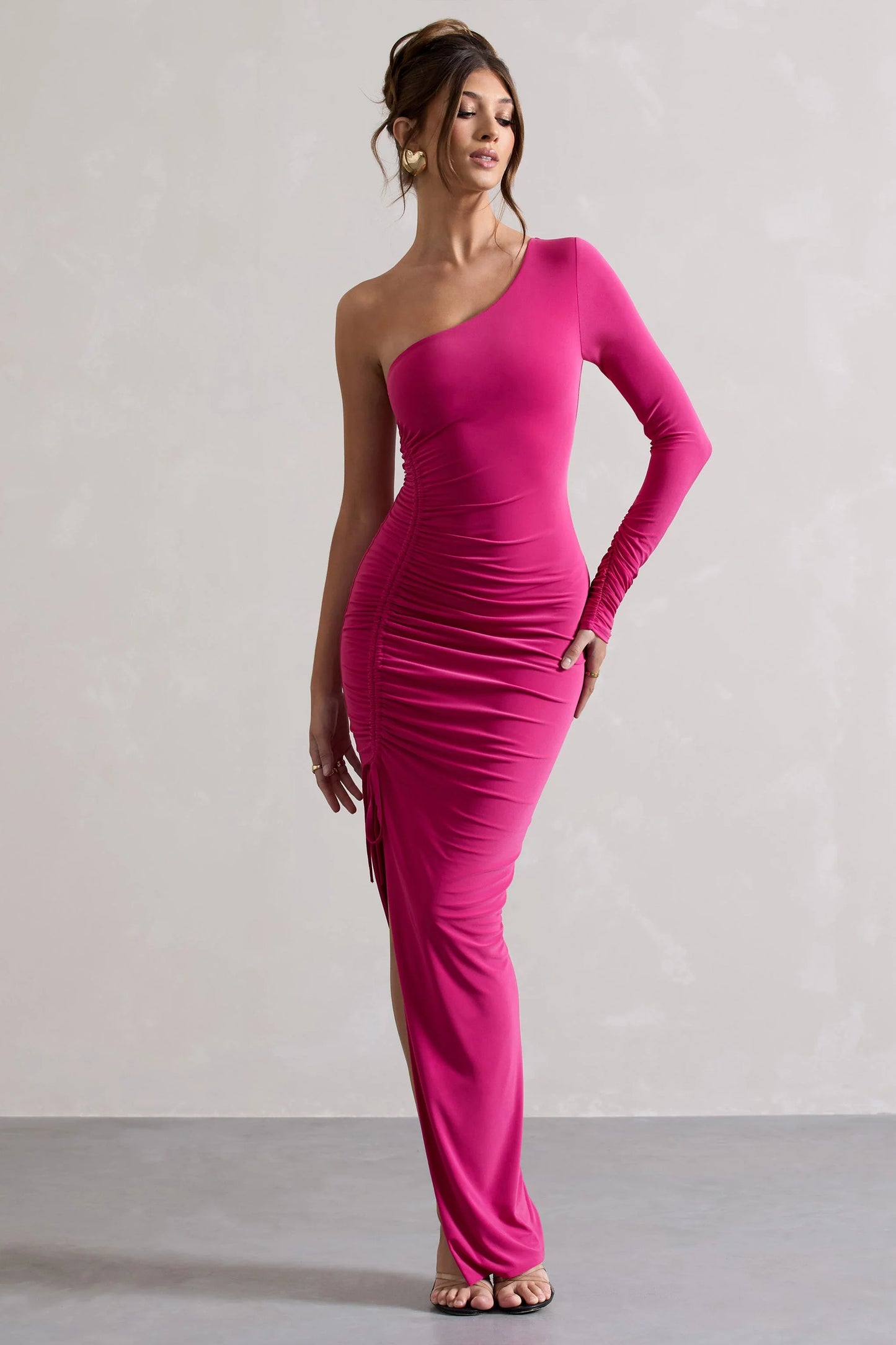 Anima | Dark Pink Asymmetric Ruched One-Sleeve Maxi Dress