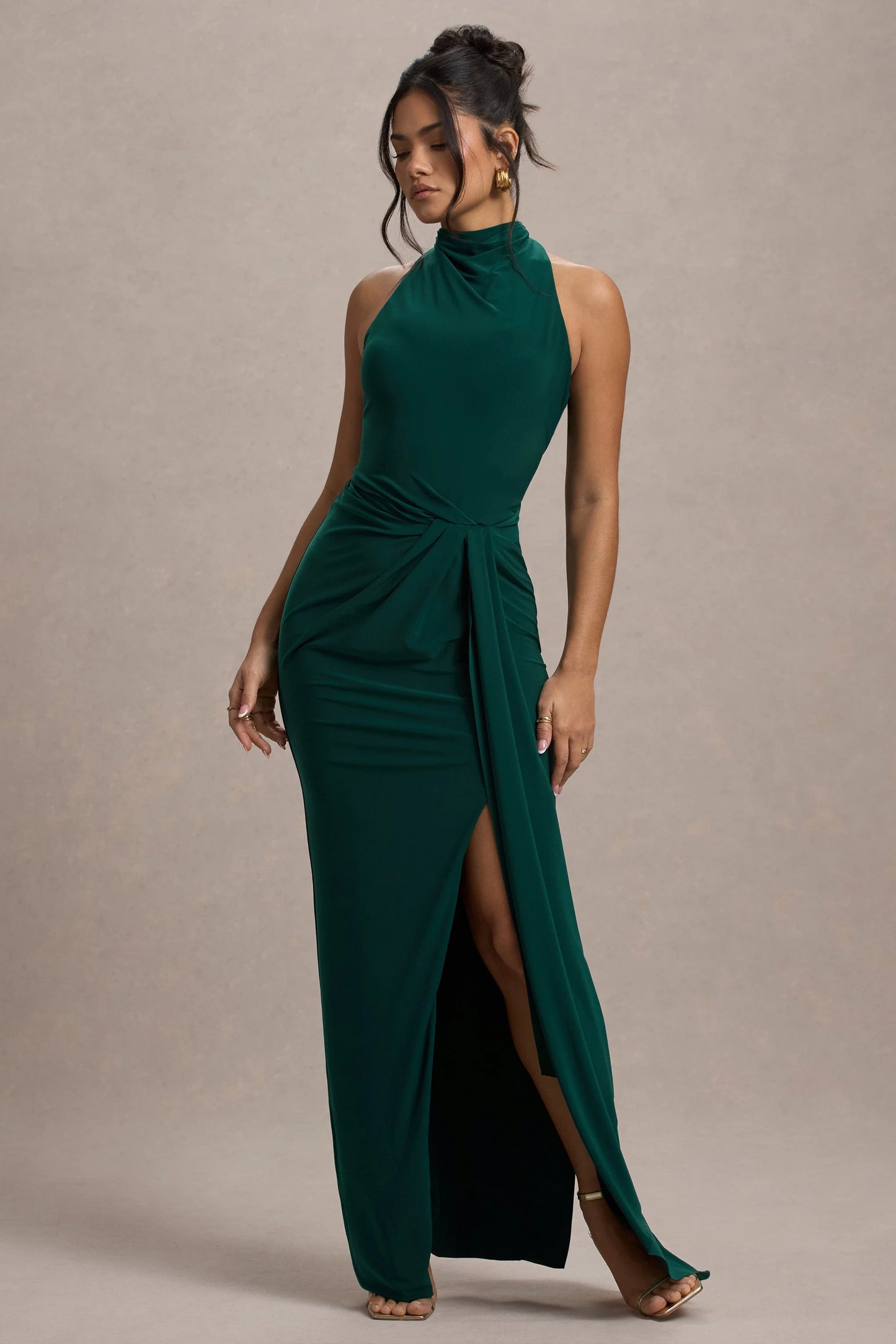 Khari | Bottle Green High-Neck Twisted Maxi Dress With Drape