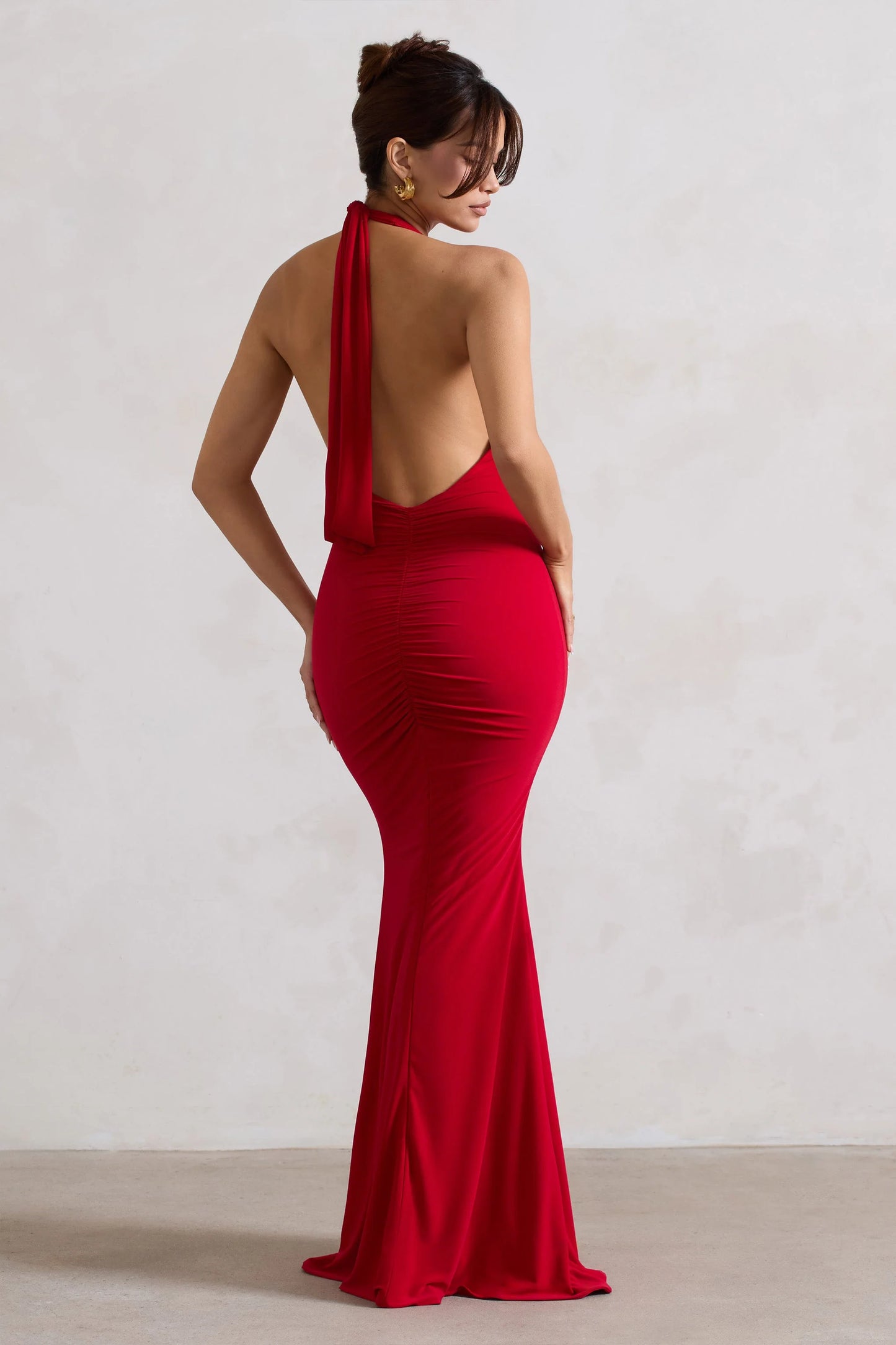 Glamour | Red Backless V Plunge Halter Neck Maxi Dress With Side Split