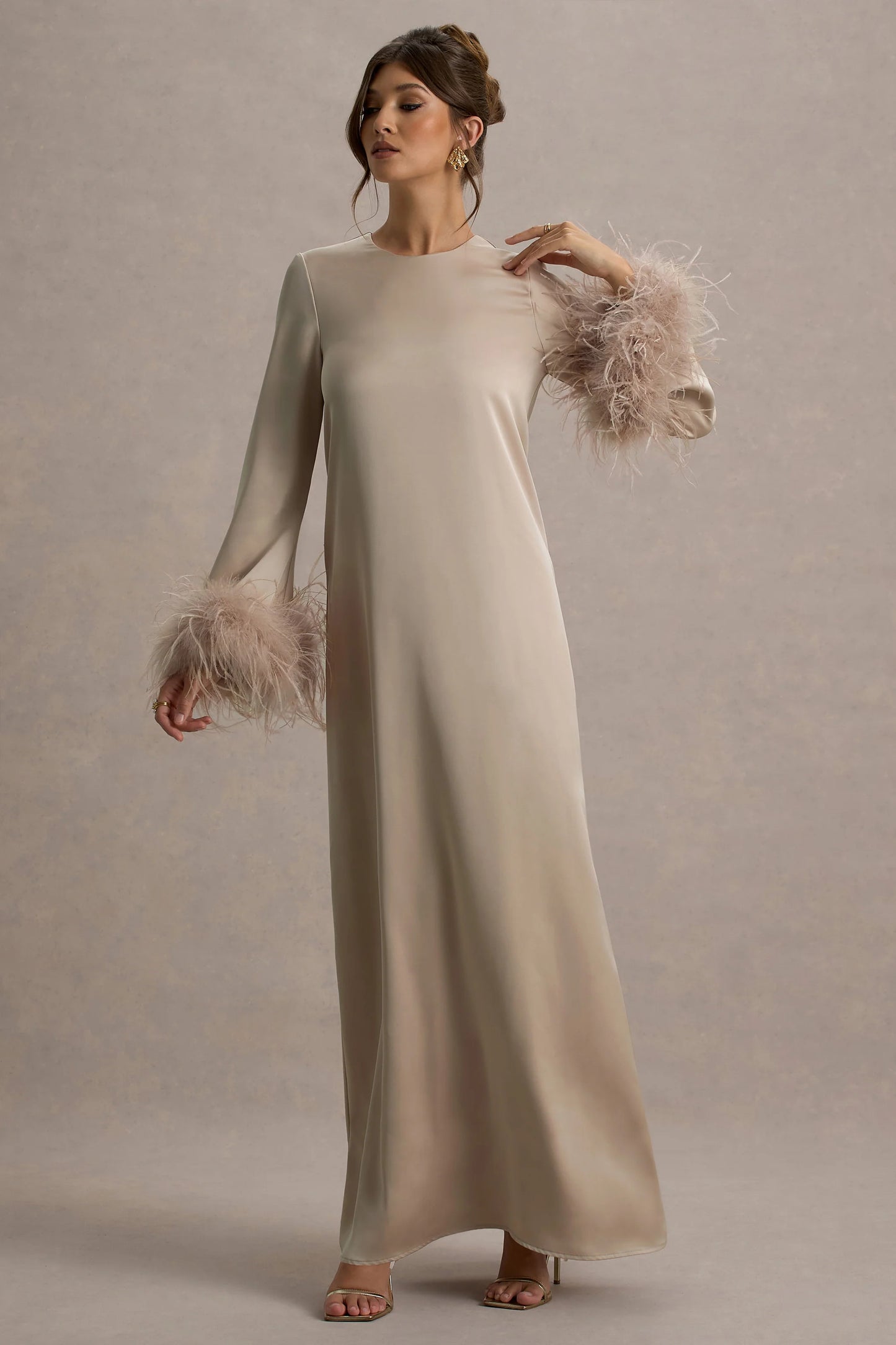 Adella | Champagne Satin Feather-Trim Maxi Dress