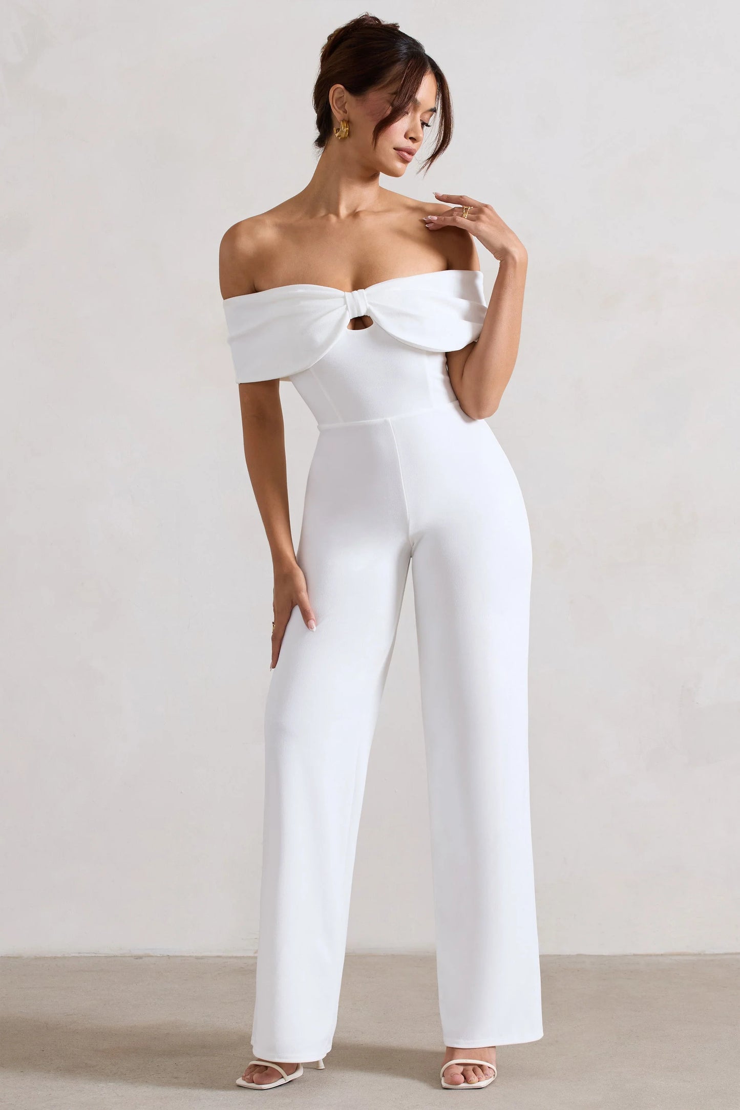 Harleen | White Bow Bardot Wide-Leg Jumpsuit