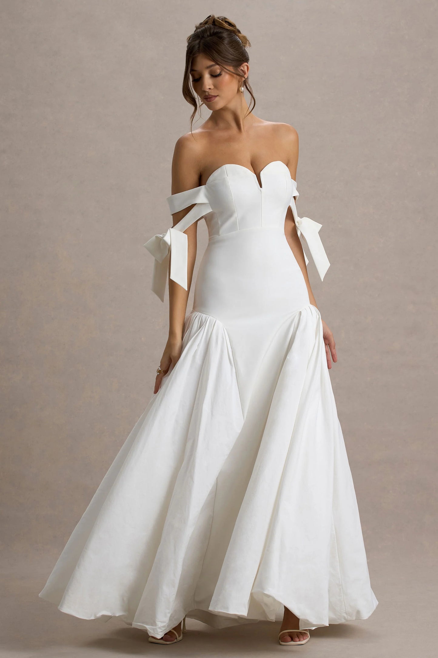 Ethel | White & Cream Bardot Maxi Dress With Volume Skirt