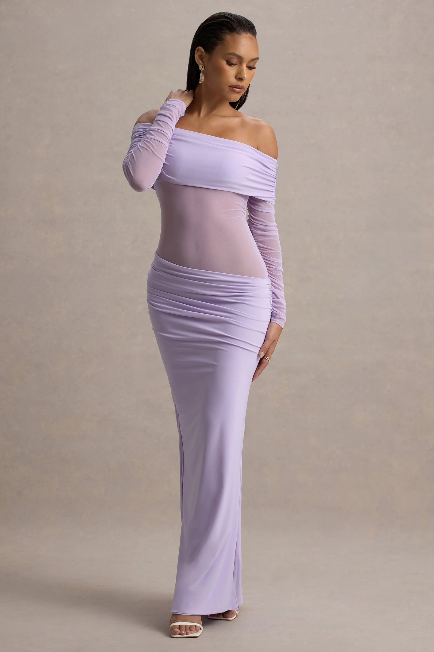 Belamour | Lavender Semi-Sheer Bardot Gathered Maxi Dress