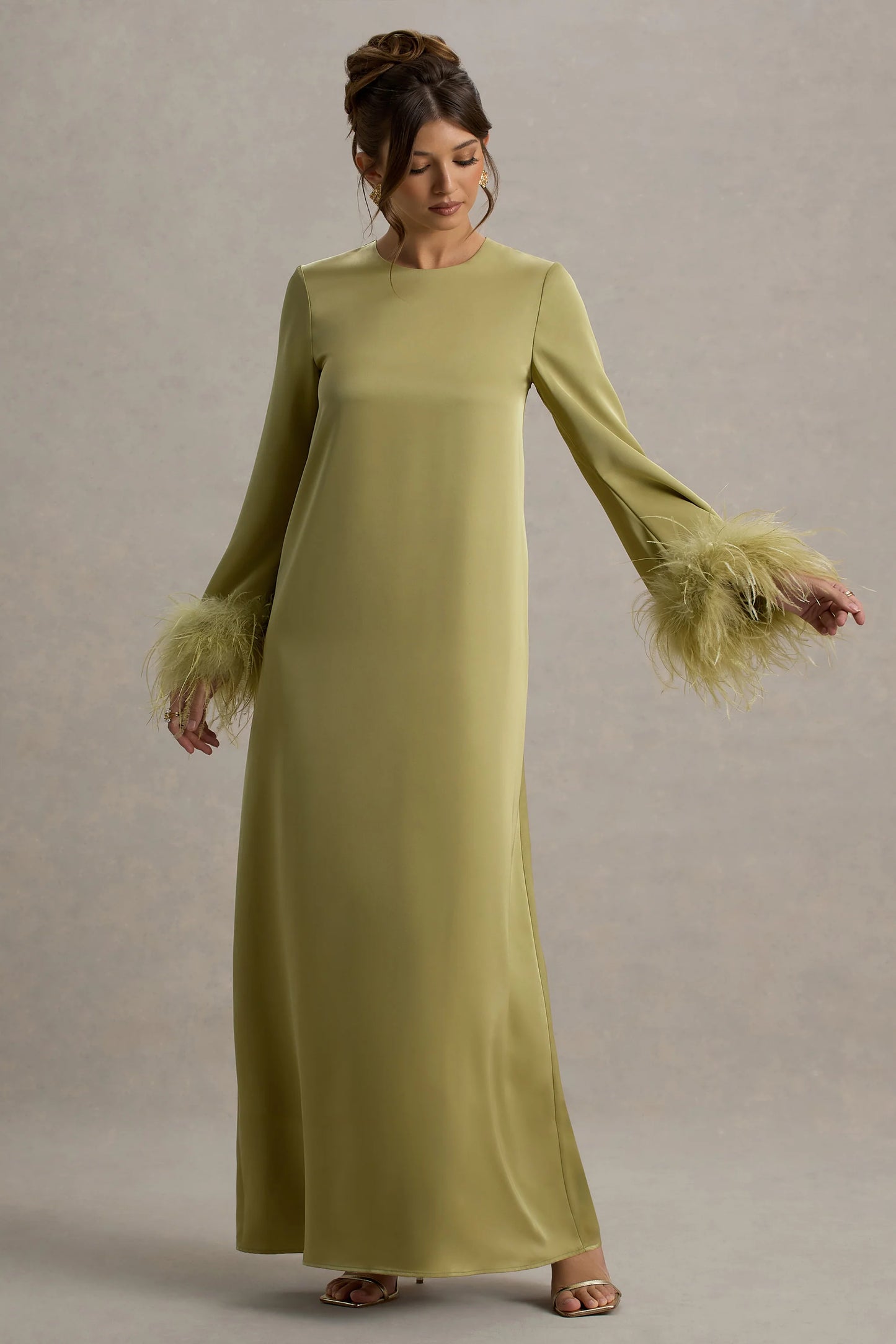 Adella | Light Green Satin Feather-Trim Maxi Dress